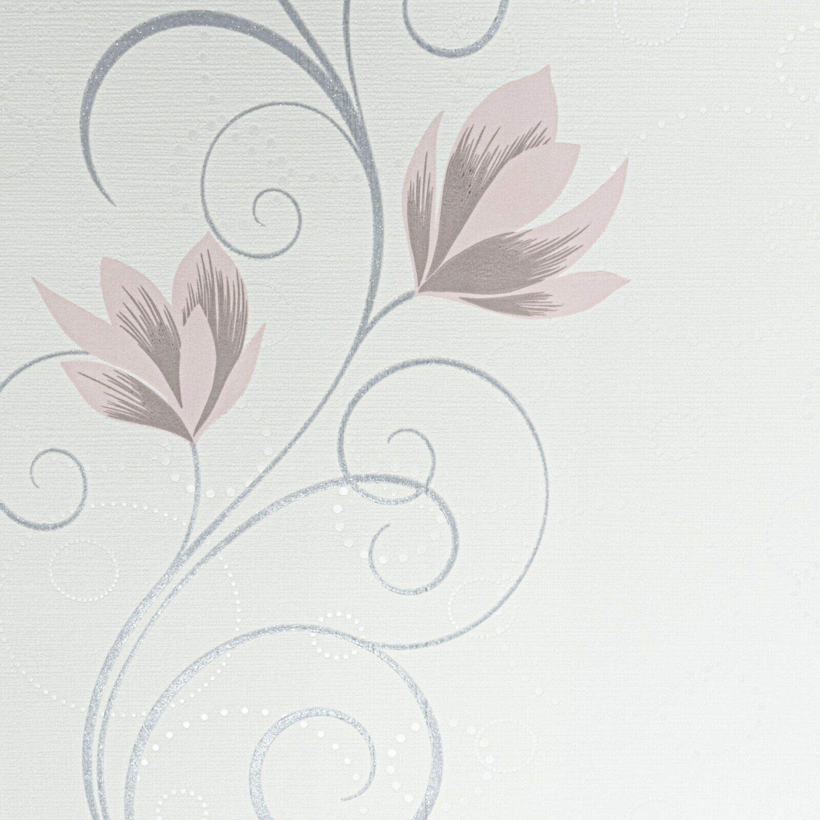 Wd Wallpaper Multi White Grey Blush Pink Floral Flower Textured Vinyl Swirl Wave Glitter Wallpaper