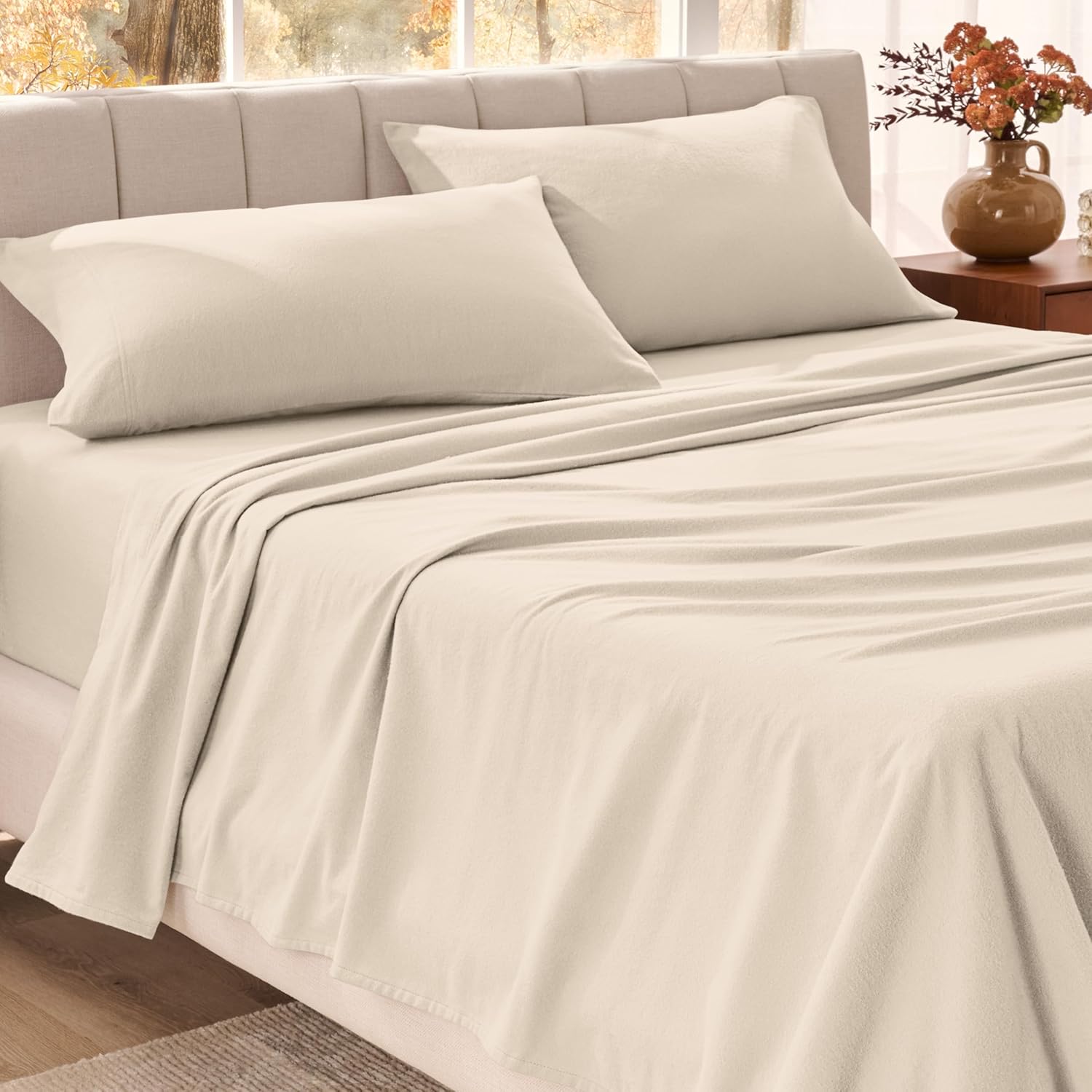 Bare Home Organic Cotton Flannel Sheet Set - Queen Size - 100% Cotton - Double Brushed for Extra Softness & Comfort - Warm, Cozy, and Durable - Breathable - Bed Sheets (Queen, Sand)