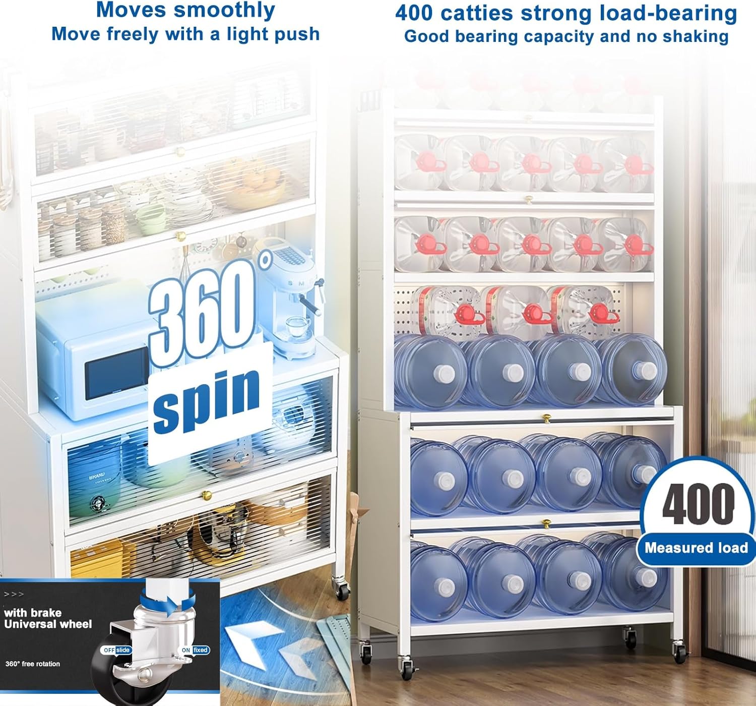 6-Tier Metal Kitchen Rack, Large Bakers Rack with Flip Door, Rolling Storage Shelves, Pegboard & 8 Hooks, Space-Saving Organizer, Grey, L-80CM/31.5IN