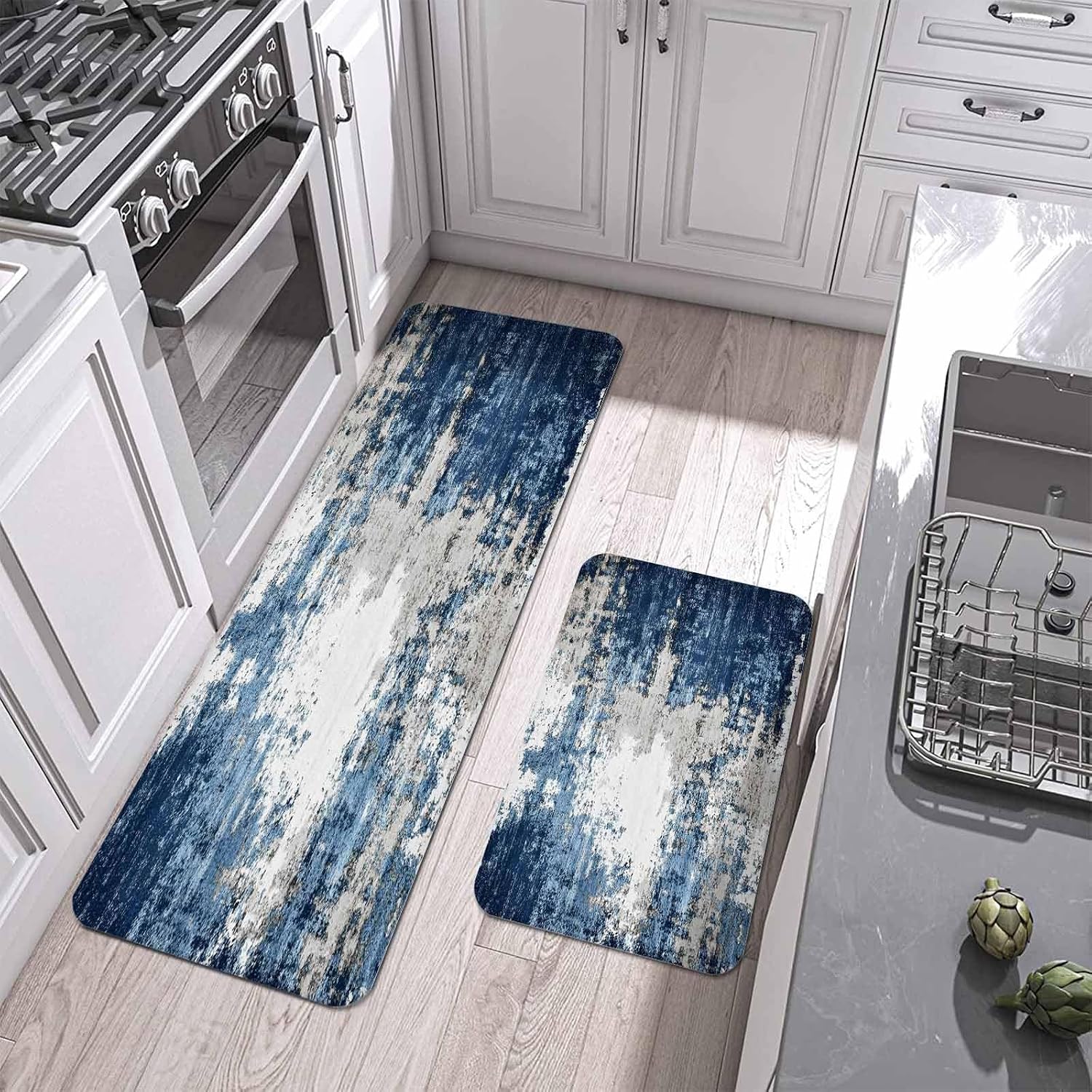 Prime Leader Abstract Mottled Texture Kitchen Mat Set 2 Pieces Gray Blue Gradient Non Slip Kitchen Rugs Washable Runner Rug Mats for Sink Laundry (15.7" x 23.6"+15.7" x 47.2")