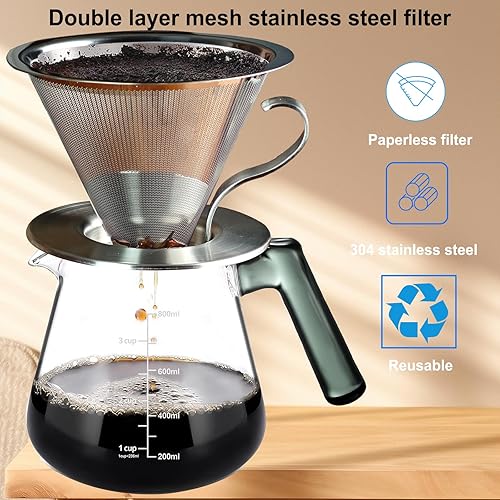 Miniatura 5 de Pour Over Coffee Gotero, filtro de acero inoxidable de doble malla, filtro de café de cono reutilizable con asa, fabricante de 1 a 4 tazas