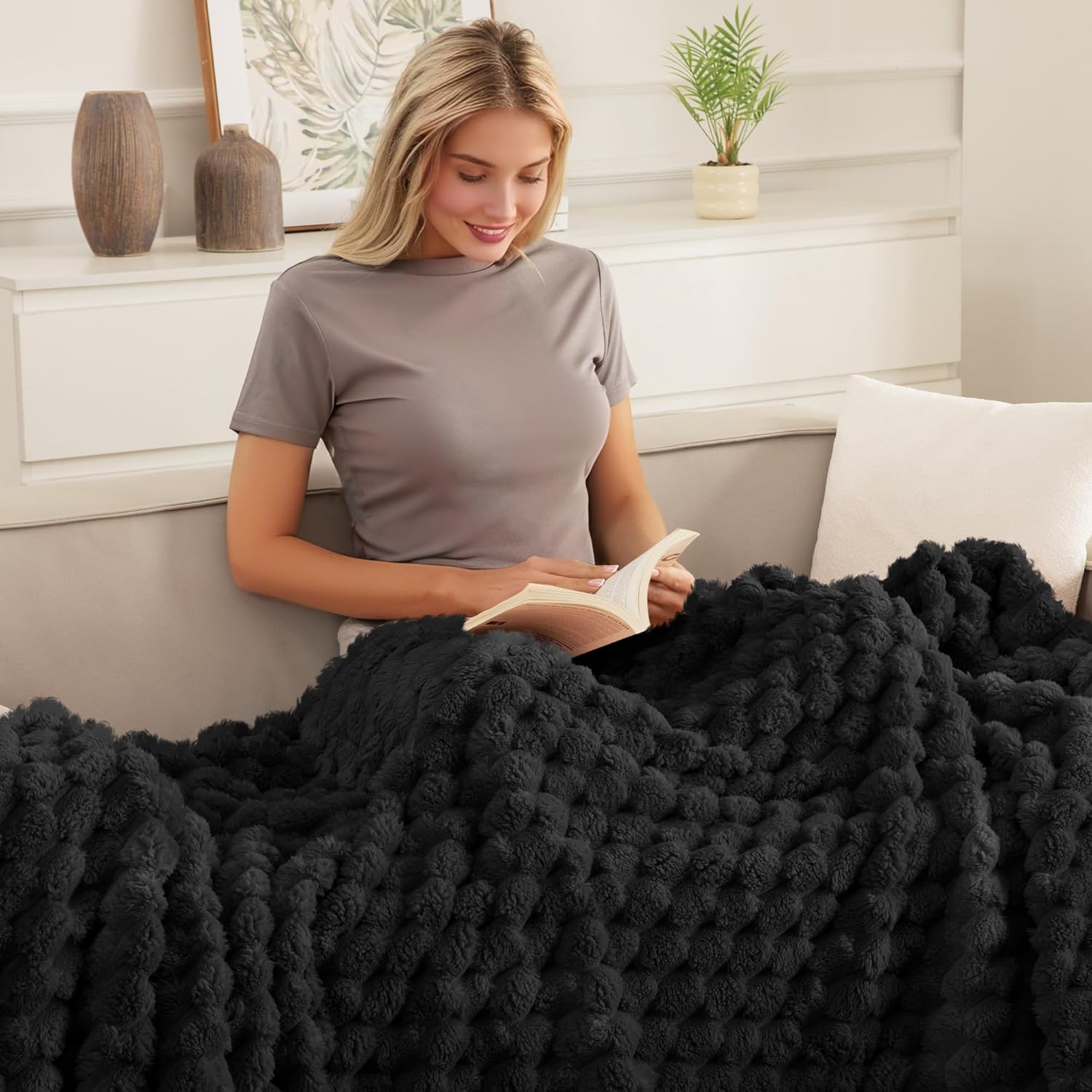 Whale Flotilla Queen Size Blanket for Bed with Jacquard Pattern, Fuzzy Soft Cozy Exquisite Blankets for All Season, Warm and Fluffy, 90x90 Inch, Black - Image 3