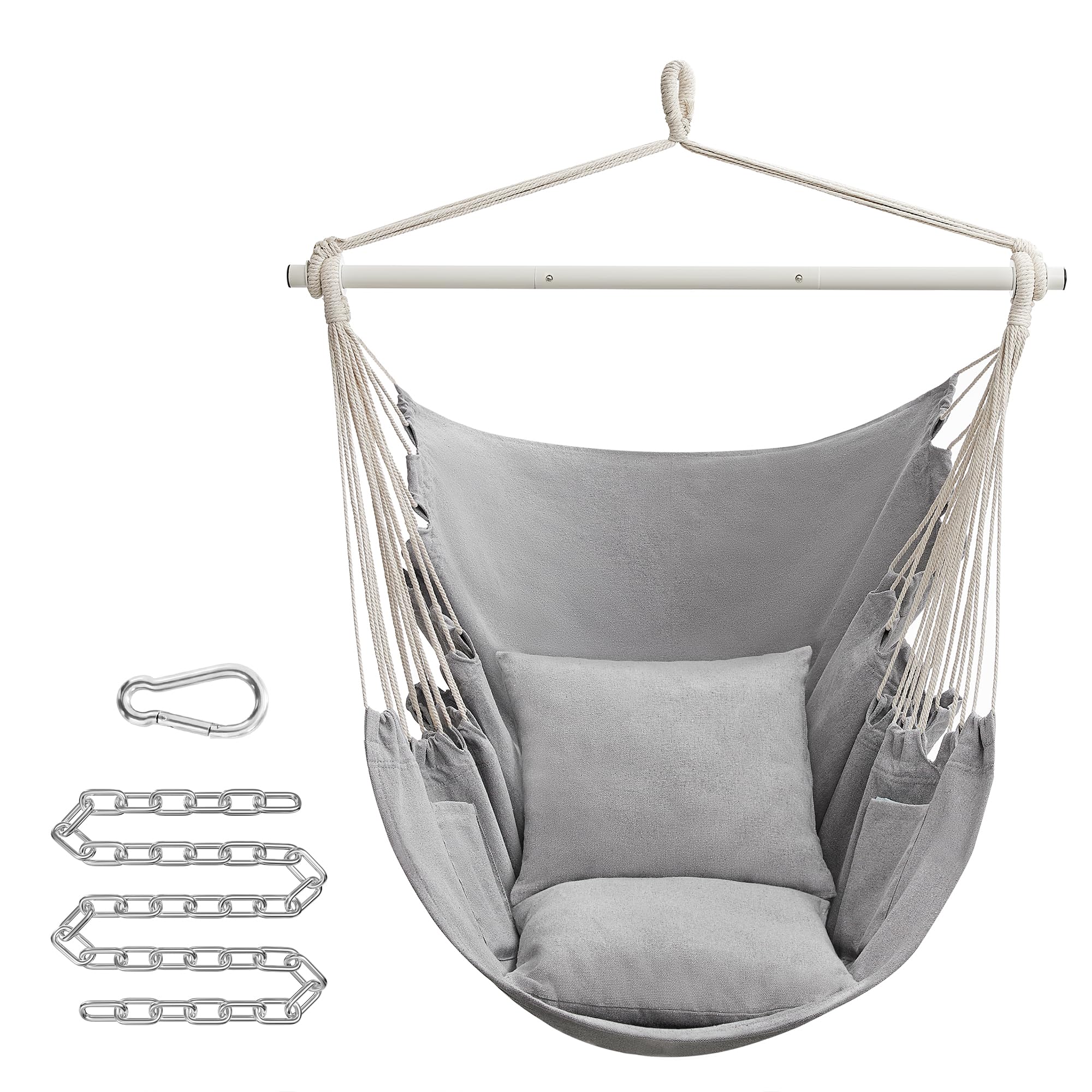 SONGMICS Hängesessel, Hängeschaukel, Hängestuhl mit 2 Kissen, Metallkette, bis 150 kg belastbar, Indoor und Outdoor, Wohnzimmer, Schlafzimmer, Taubengrau GDC197G01