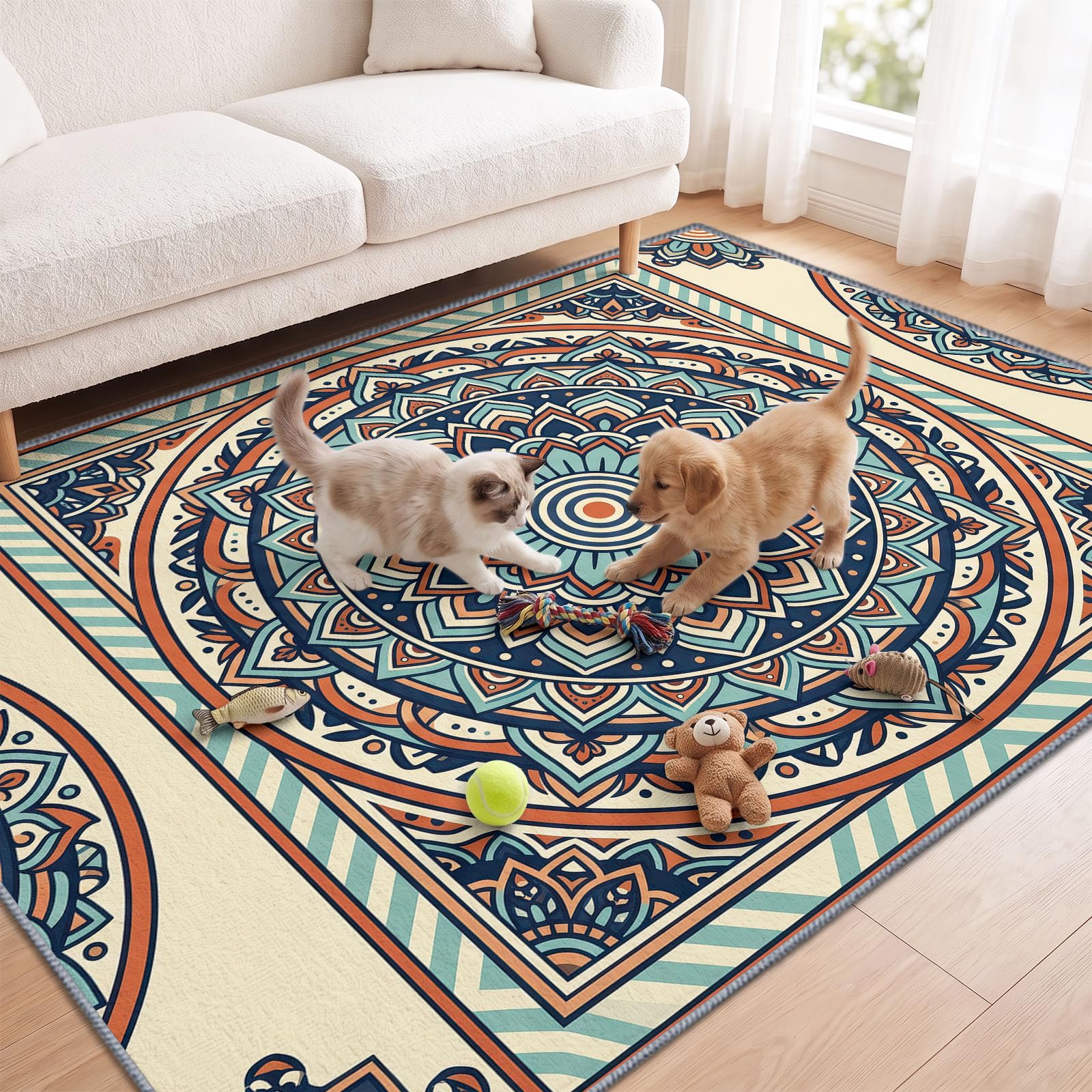 Modny dywan w stylu boho do salonu, 120 x 170 cm, mandala, okrągła rama, dywany do sypialni, miękkie krótkie runo, antypoślizgowy, klasyczny dywan do jadalni, biura, kuchni, pokoju dziecięcego