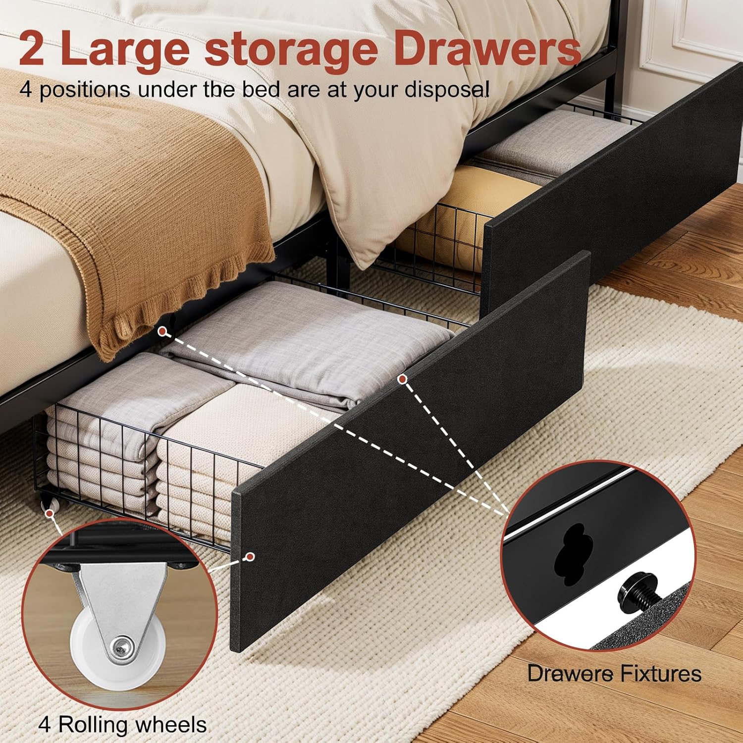 ROLETALENT Full Size Upholstered Velvet Platform Bed Frame with Storage Drawers, Built-in USB Charging Station & LED Light Strip, Sturdy Metal Frame with Headboard - No Box Spring Required,Black