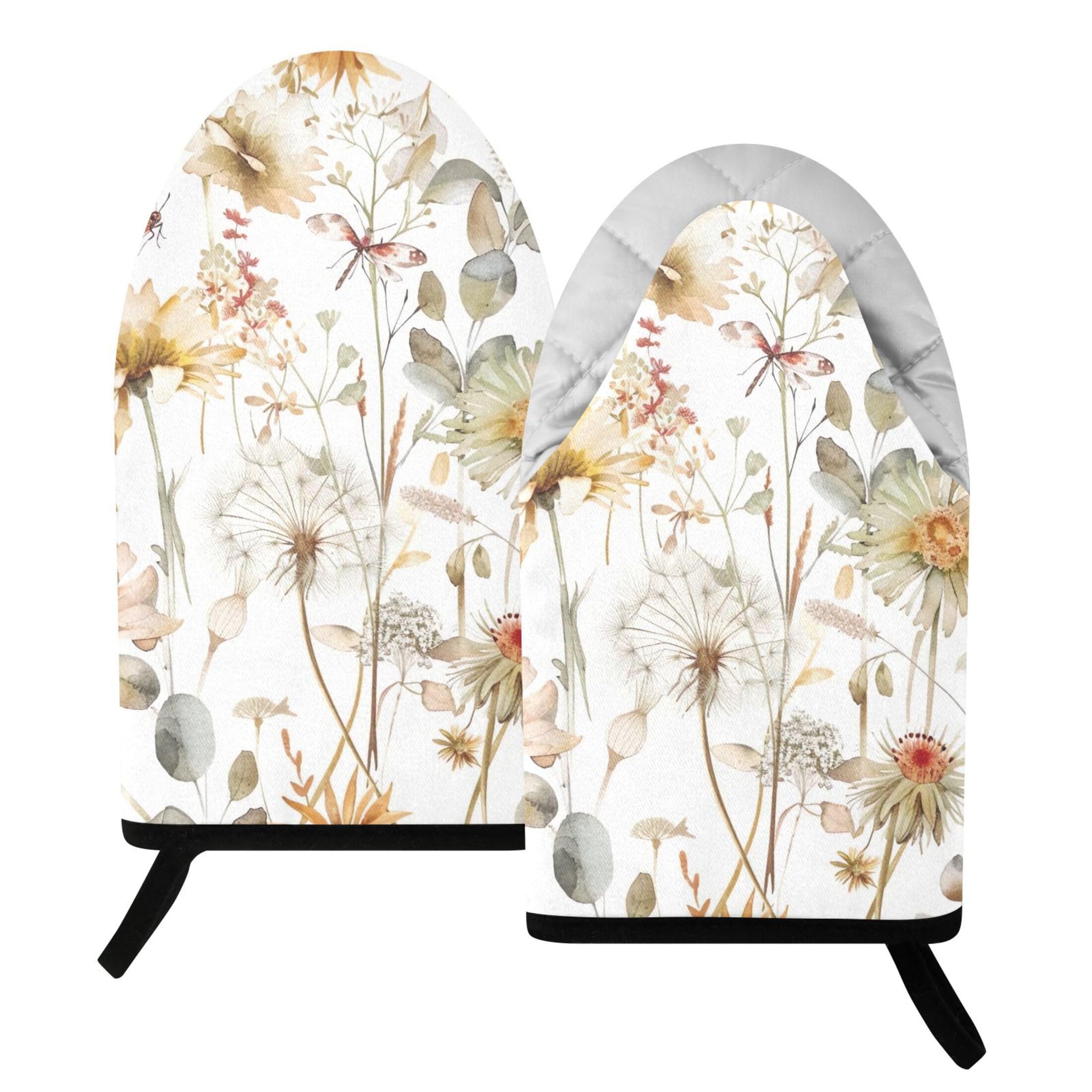 Kutsu Watercolor Wildflowers Oven Mitts for Kitchen, Heat Resistant Cotton Oven Gloves for BBQ Baking Cooking, Breathable Kitchen Essentials, 2 pcs