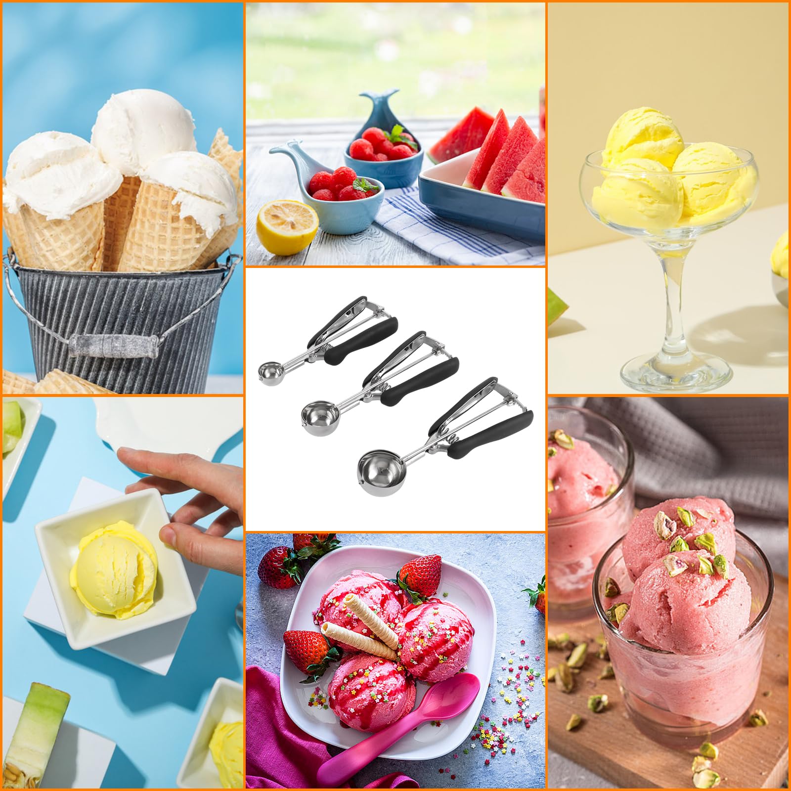 Juego de 3 Cuchara Helado Acero Inoxidable, Cuchara para Helado con Gatillo 3/4/5 cm, Sacabolas para Postres Masa Melon Galletas Cocina Diaria Negra