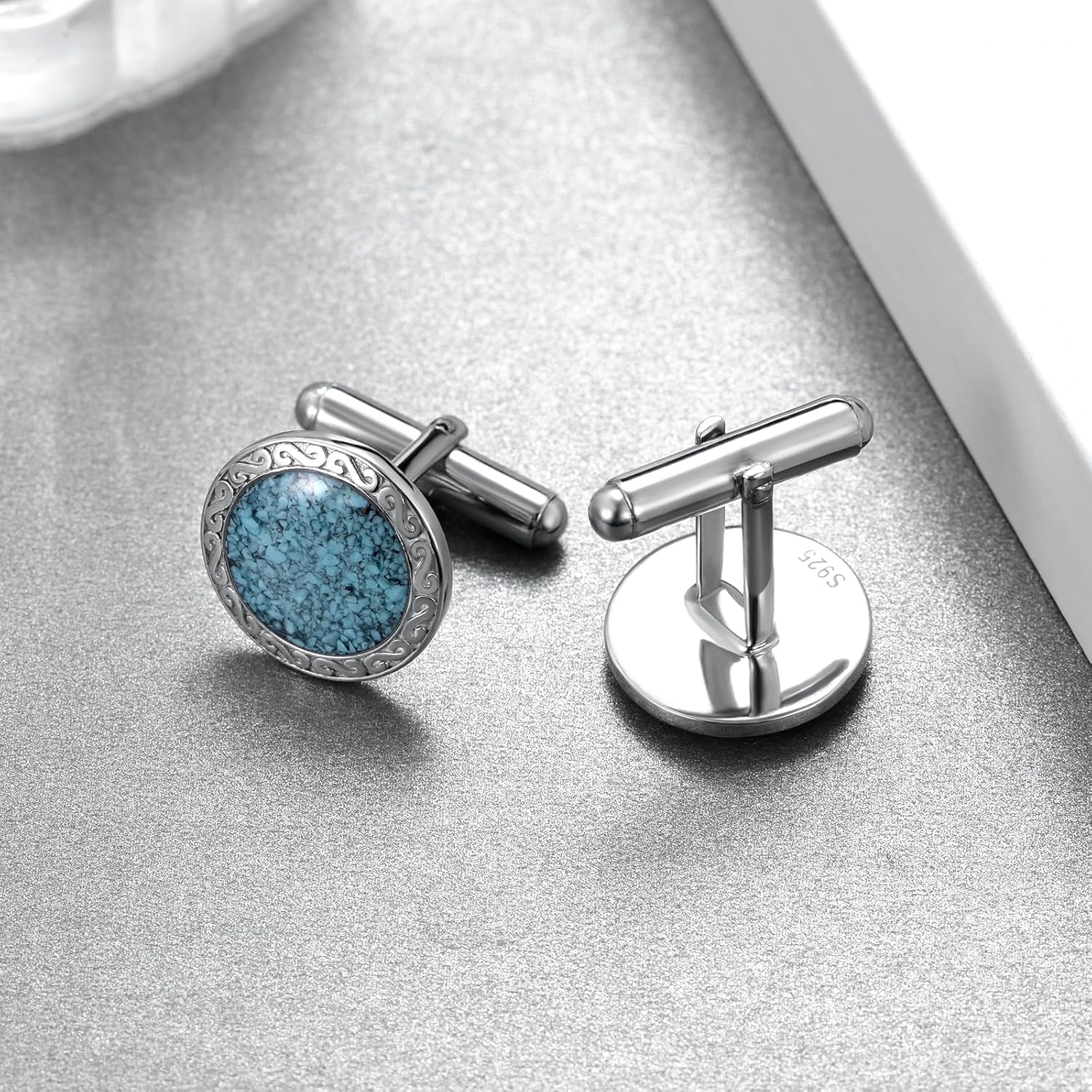 Cuff Links Mens 925 Sterling Silver Turquoise Cufflinks for Men Tuxedo Cuff Links Business Wedding Father's Day Jewelry Gifts for Men Father Husband