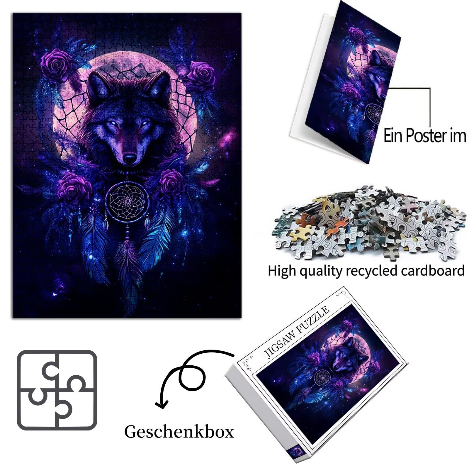 Puzzle wilka dla dorosłych, 5000 elementów, łapacz snów, puzzle dla dorosłych, dla początkujących, kolorowe puzzle 5D, plakat z pudełkiem na prezent, do dekoracji pokoju, salonu, prezent dla kobiet