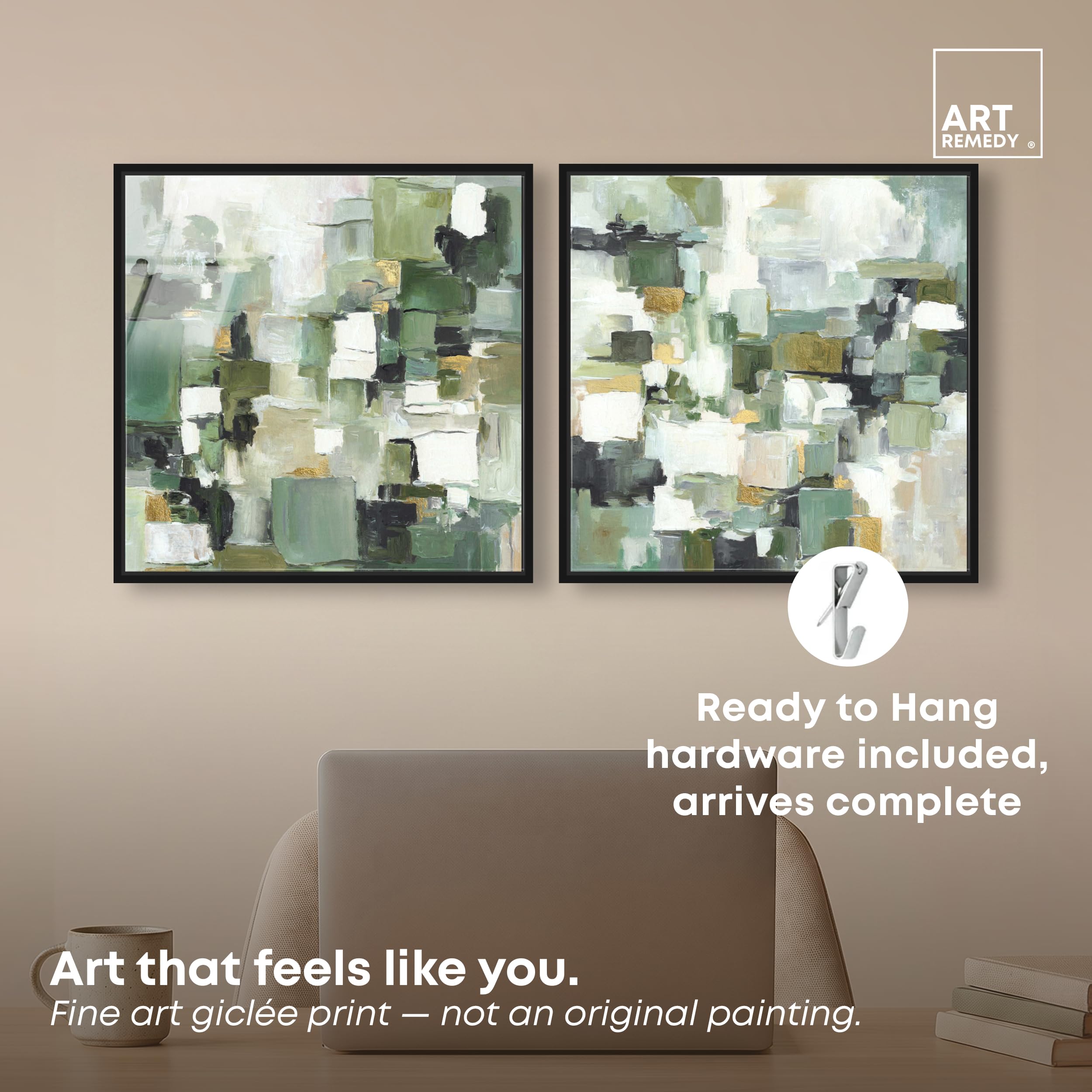 Art Remedy Green Grid Gerahmter Acryldruck, modernes abstraktes Kunst-Set, schwarzer Rahmen, 40,6 x 40,6 cm