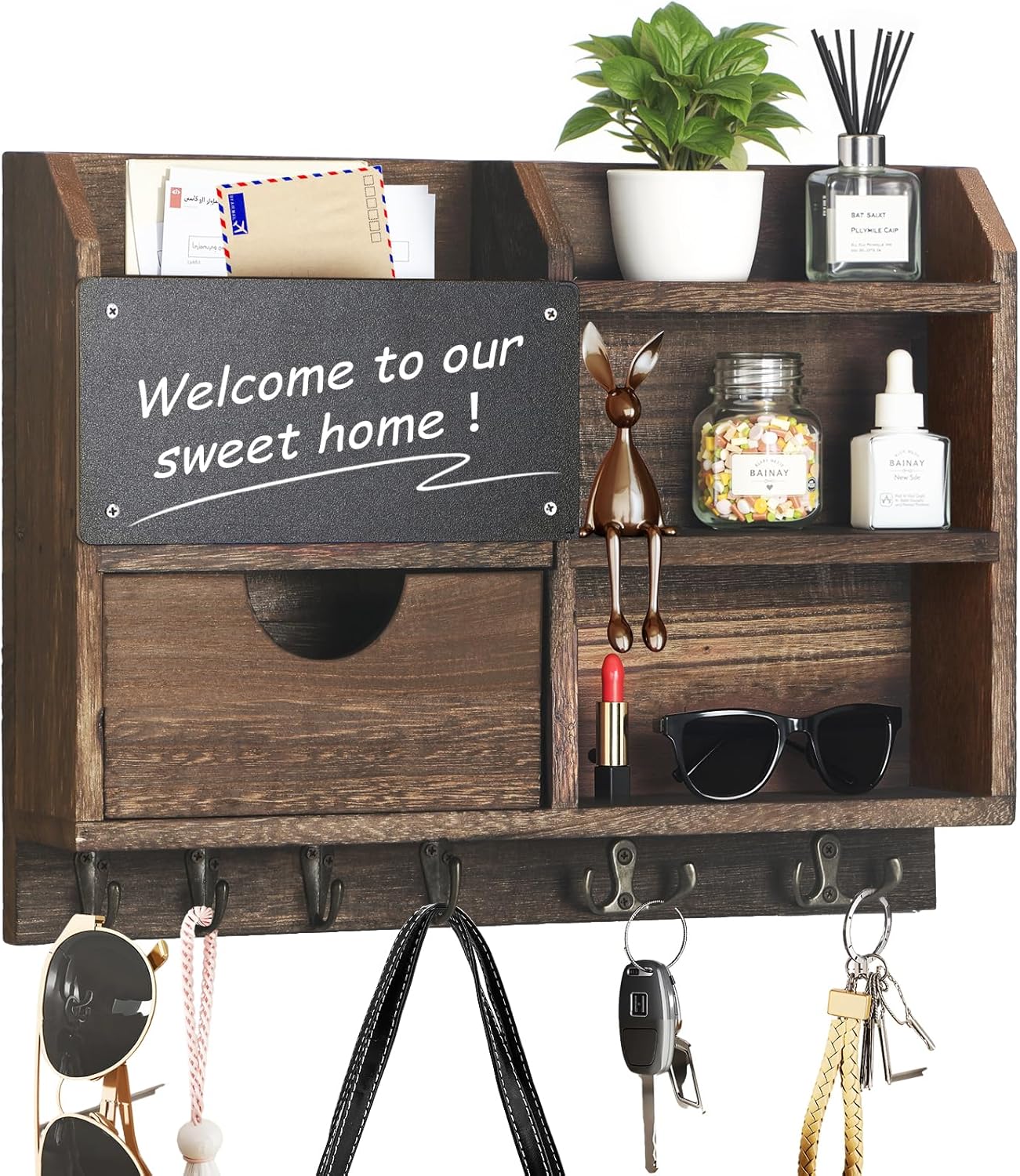 BE Key Holder Wall Mount, Large Key Holder for Wall, Mail Organizer Key Rack , 100% Handmade Hanger for Wall Door Room Office Saving Time and Space, Wood Shelf with Drawer for Storing Decor Home-Black