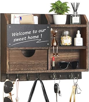 Key Holder Wall Mount, 14.5x11.2x3.5 Larger 3-Tier Shelf 8 Hooks Drawer Storage,Wooden Key and Mail Holder for Wall,Farmhouse,Home,Living Room,House,Office Decor,Hats,Bag,Dog Leash Hanger Organizer