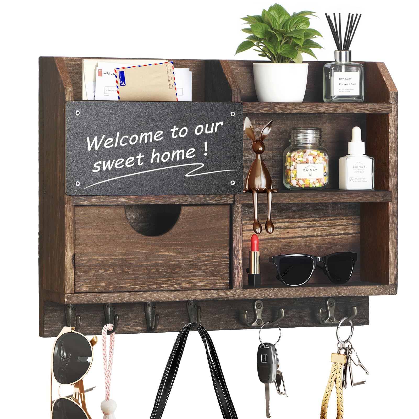 Photo 1 of Key Holder Wall Mount, 14.5x11.2x3.5'' Larger 3-Tier Shelf 8 Hooks Drawer Storage,Wooden Key and Mail Holder for Wall,Farmhouse,Home,Living Room,House,Office Decor,Hats,Bag,Dog Leash Hanger Organizer