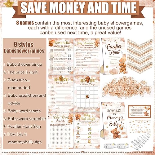 Miniatura 4 de Sherr Juego de 424 chupetes para baby shower, incluye letrero de caza y 50 chupetes acrílicos, Bingo Price Guess How Is Big Search for Brown Baby