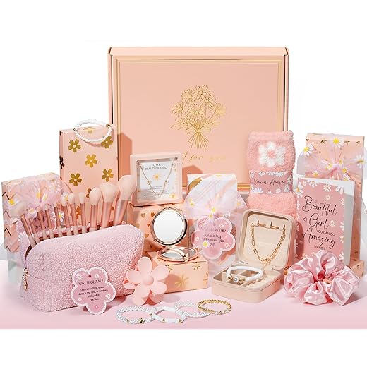 Christmas Gifts for Tween & Teen Girls - 8 PCS Birthday Gift Basket Teenage Teen Girls Trendy Stuff w/ Fun Task Tags Makeup Brushes & Bag, Empower Wrapped Gift Box Stocking Stuffers for Daughter Niece