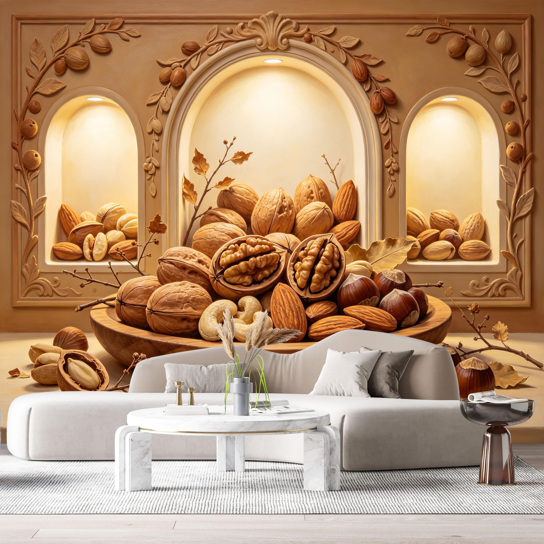 Custom Size Wall Murals Nut Still Life Wood Bowl Oil Painting 3D Trompe L'Oeil SelfAdhesiveWall Fabric Removable Wallpaper Wall Decor for Living Room Bedroom Bathroom