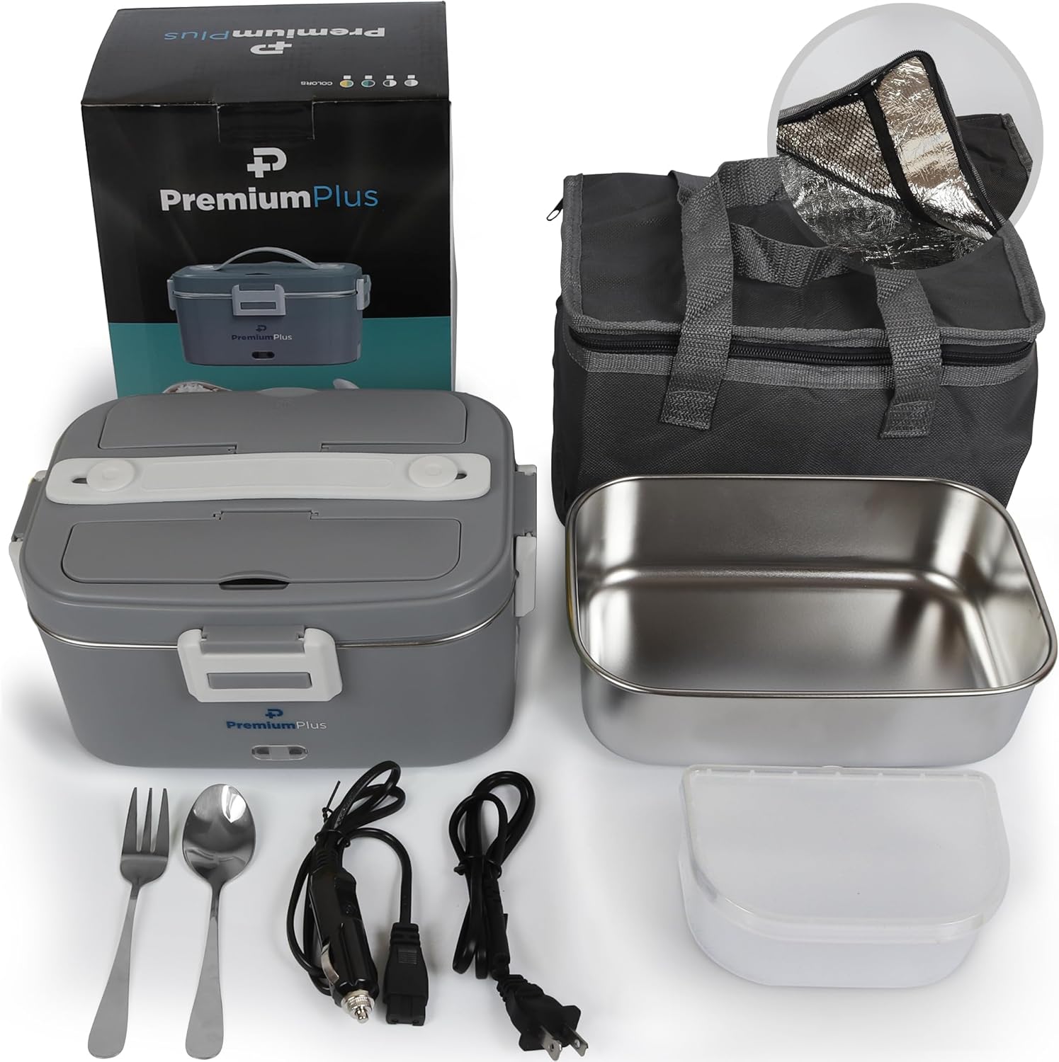 Contents of the PREMIUMPLUS Electric Lunch Box package, including the main unit, stainless steel container, insulated bag, power cables, spoon, fork, and a small salad container.