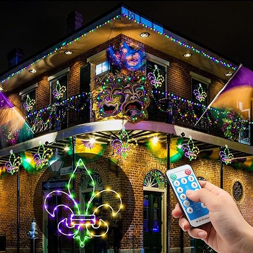 Miniatura 6 de Rossesay Luces de ventana de Mardi Gras, 2 paquetes de decoraciones de ventana de Mardi Gras, Mardi Gras, flor de lis, luz colgante con ventosa,