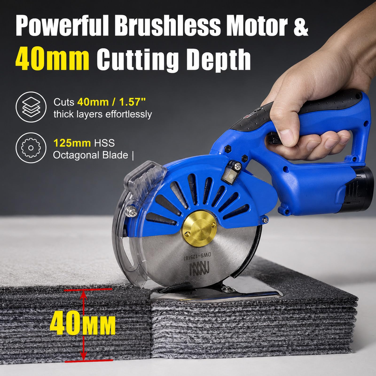 Cutter Elettrico, Taglierina Circolare, Taglierina per Tessuti | Motore Brushless, Affilatura Automatica, Spessore 40mm, Lama HSS 125mm, 2 Batterie 2500mAh, 5 Velocità, Peso 1.7kg, LED