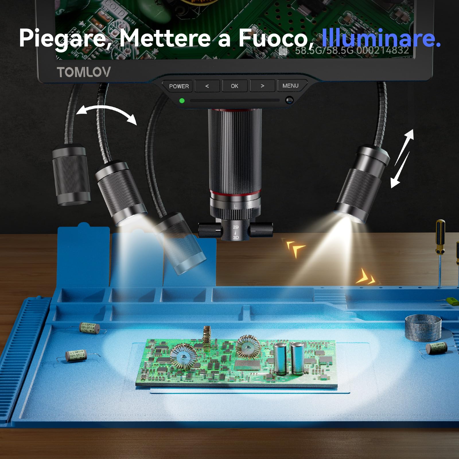 TOMLOV TM3K-3D Max 10,1" Microscopio Digitale IPS con Lenti Duali Magnetiche, Microscopio Saldatura 3D per Adulti, Ingranditore Monete 3K HDMI, LED, Tappetino per Riparazioni, Braccio Flessibile, 64GB