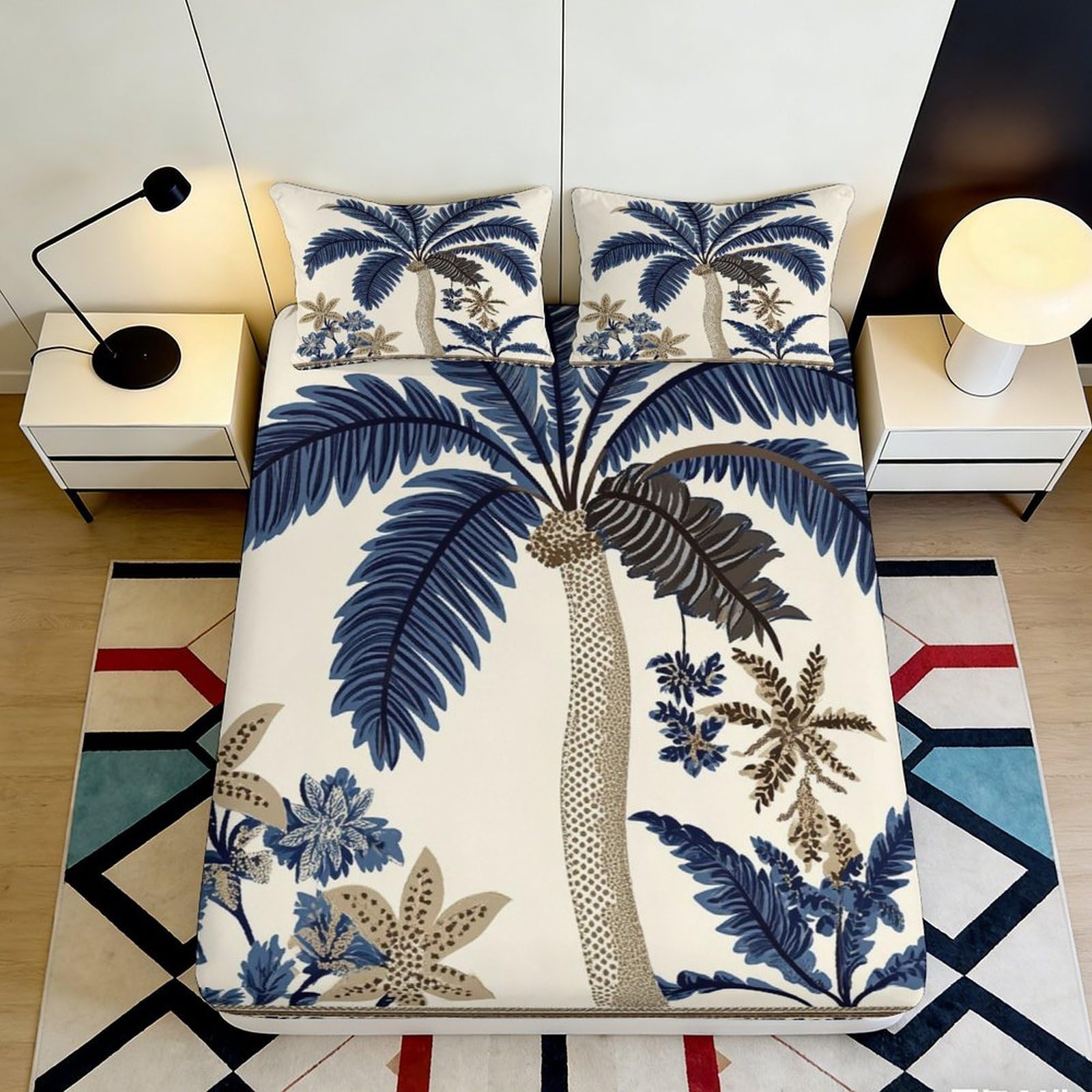 Uxinyoume Style-6 3D Printed Tropical Palm Fitted Sheet Microfiber Soft Blue Beige Leaf Mattress Cover For Bedroom Decor 90X200x25cm