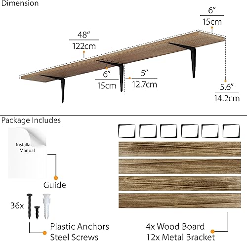 Miniatura 3 de Wallniture Arras - Estantes flotantes de 48 x 6 pulgadas para almacenamiento en la pared, estante rústico de pared para oficina y sala de estar,