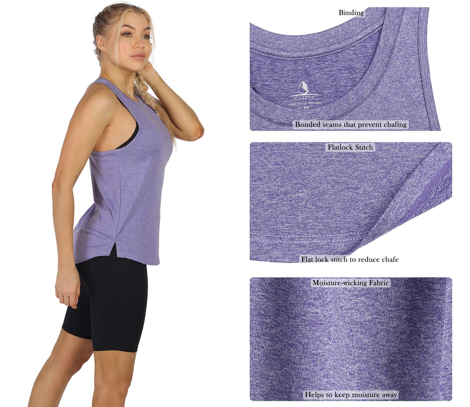 icyzone - Canotta da Allenamento Racerback Senza Maniche Spacco Laterale Traspirante da Donna, per Yoga, Corsa, Palestra,3 Pacco
