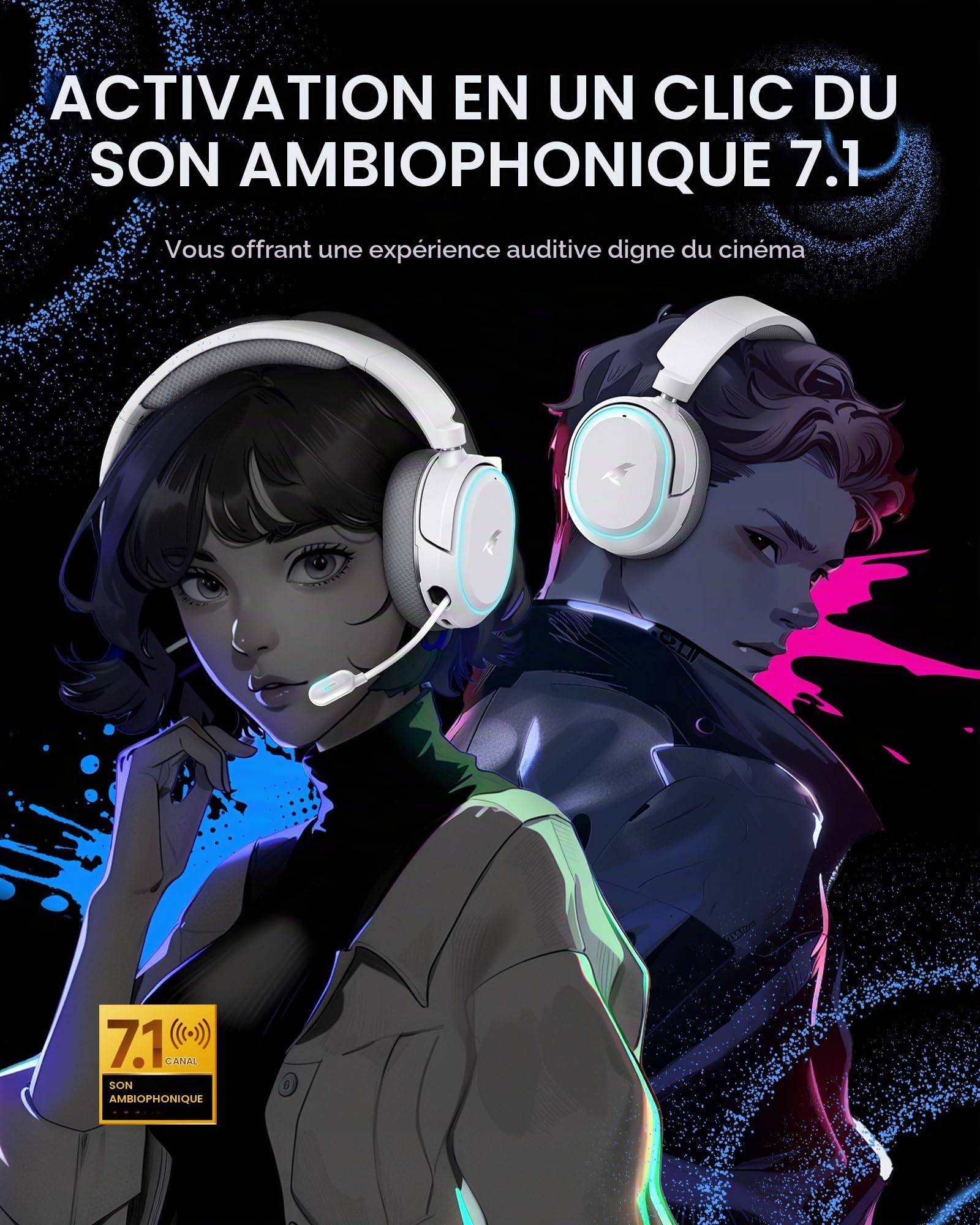 Picun G2 Casque de gaming sans fil, Over-Ear 7.1 Virtual Surround Sound, 2,4 GHz/Bluetooth 5.4/Wired, 5ms Ultra-Low Latency, 100H Battery, ENC Noise-Canceling Mic, RVB, pour PC PS5 PS4 Switch (gris)