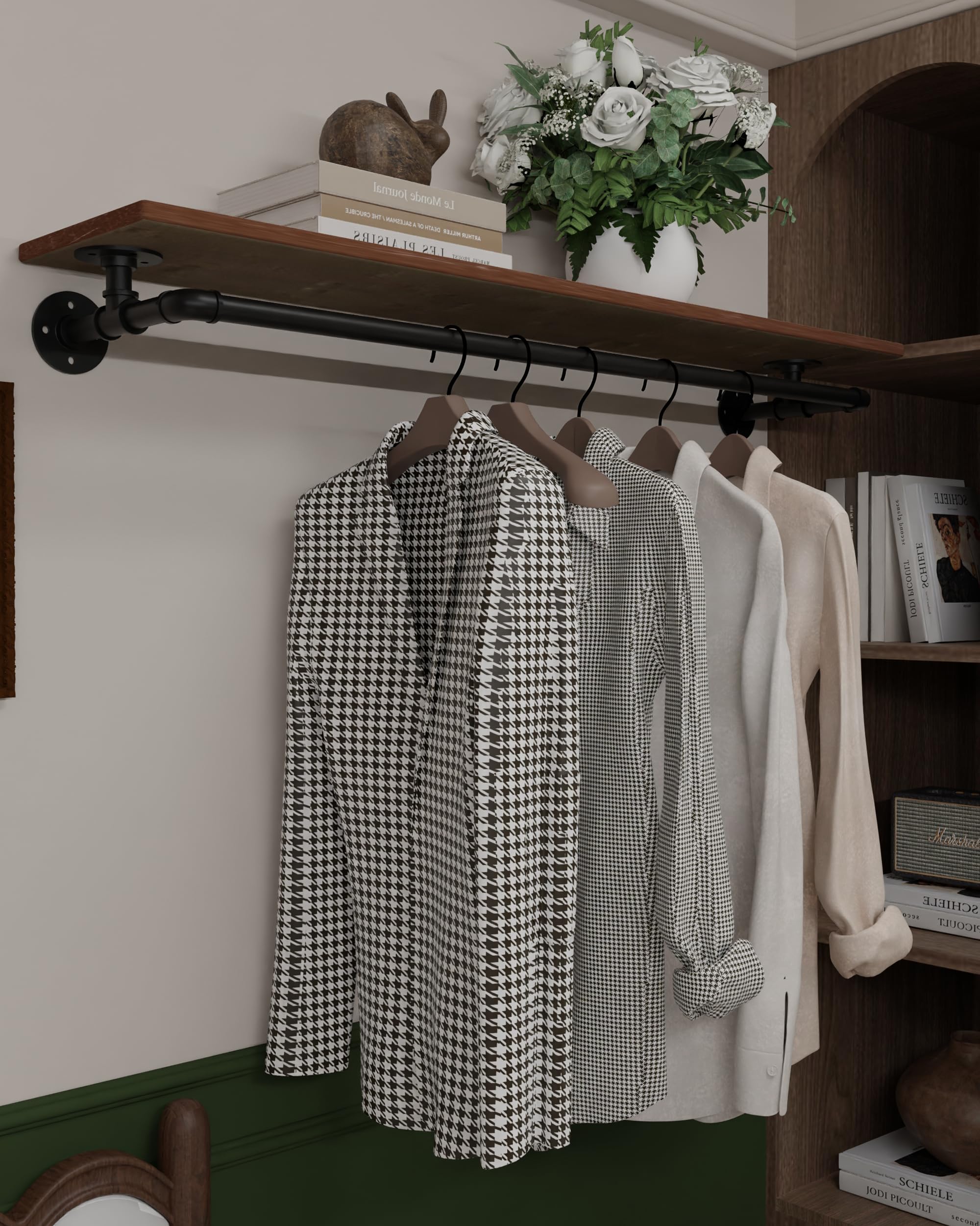 Clothes Rack 48in, Wall Mounted Garment Rack with Real Wood Shelf, Heavy Duty Hanging Clothes Rack, Multi-Purpose Hanging Rod, Space-Saving Closet Storage