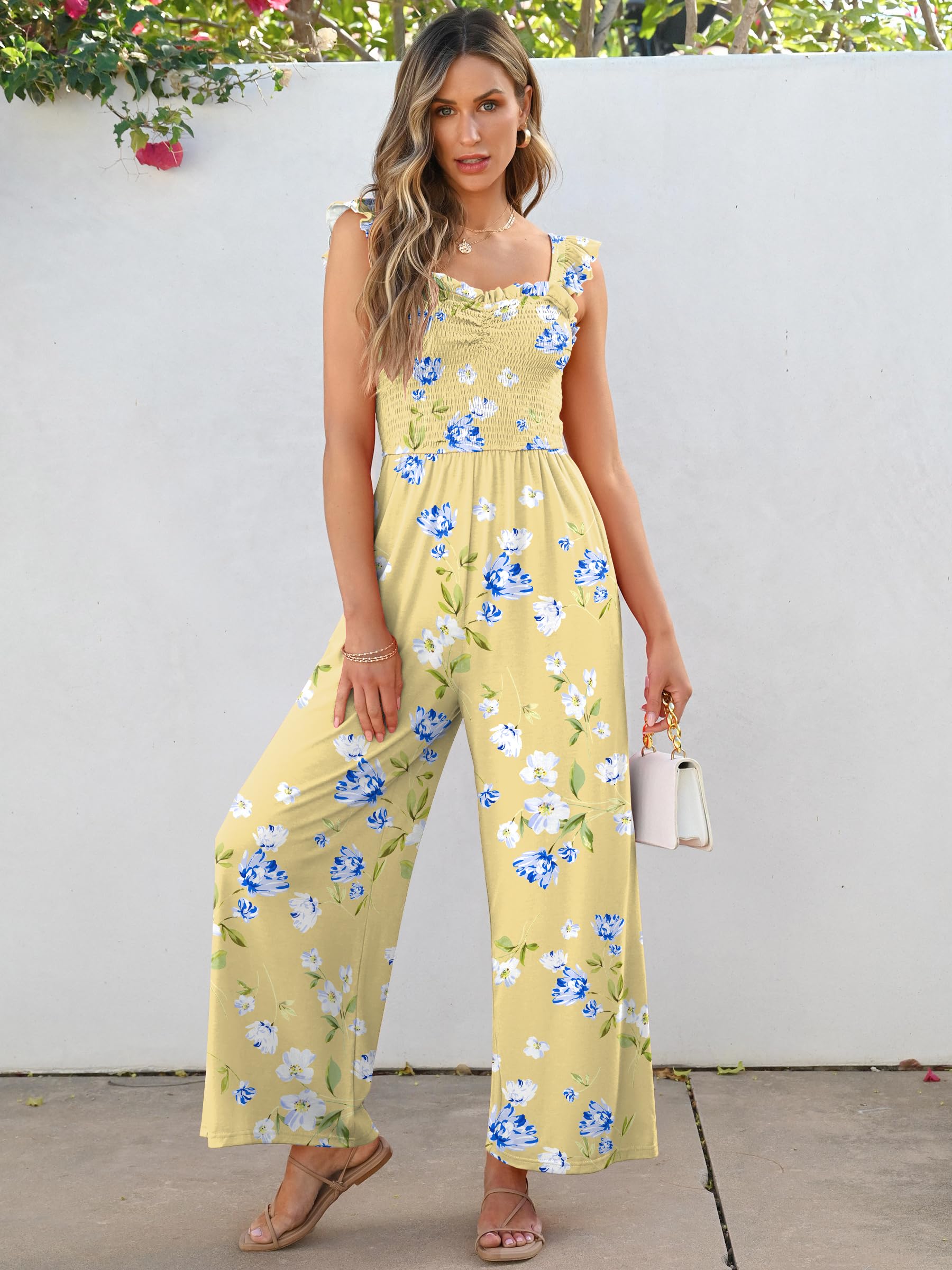 Caracilia Womens Jumpsuit Sleeveless Casual Dressy Smocked Wide Leg Rompers Summer Vacation Jumpers with Pockets 2025 Outfits