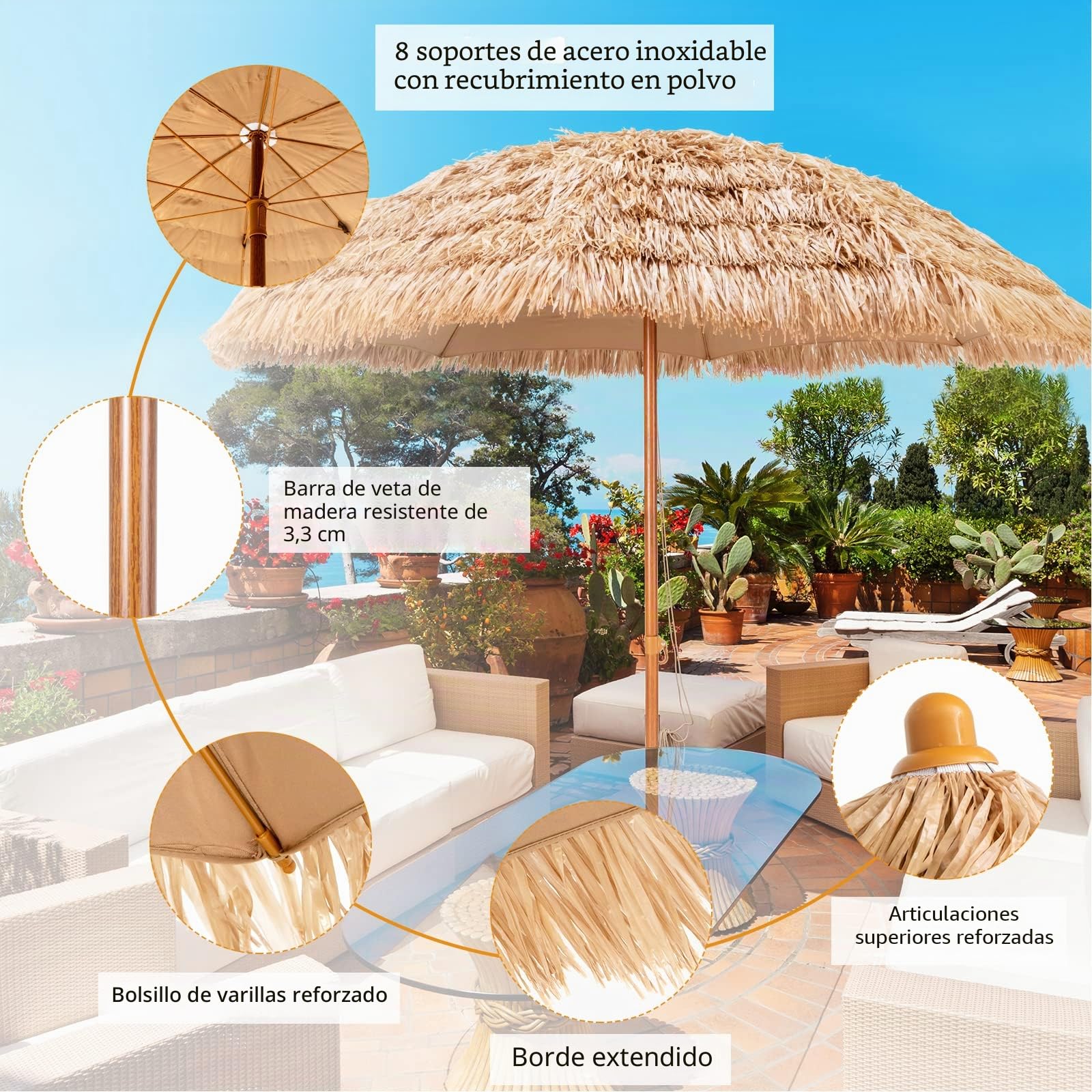 COSTWAY Sombrilla hawaiana, diámetro de 205 cm, sombrilla de paja, sombrilla de jardín, sombrilla de paja, sombrilla de mercado, sombrilla de terraza para jardín, balcón, playa