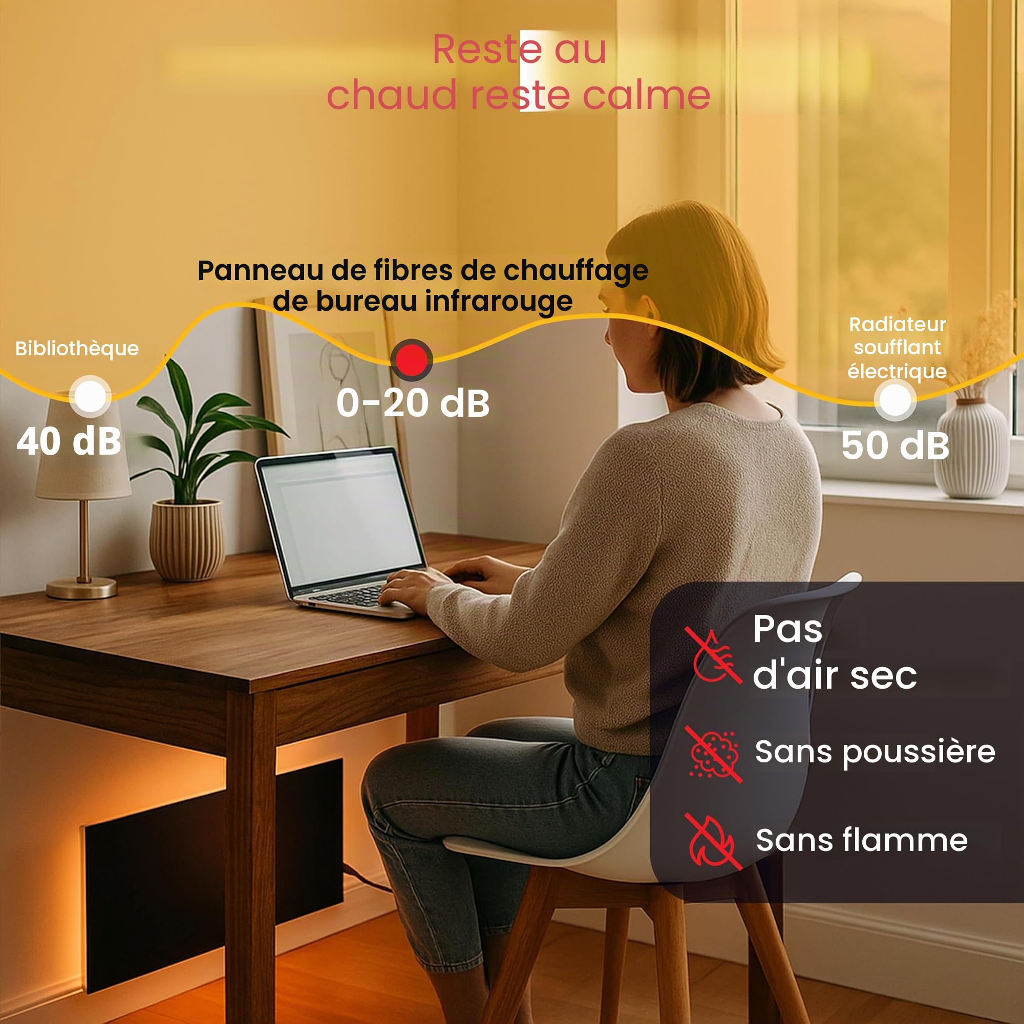 Chauffage de table à infrarouge, panneau de fibres autocollant, 150 W, avec pente - Chauffage de bureau efficace - Technologie infrarouge au carbone