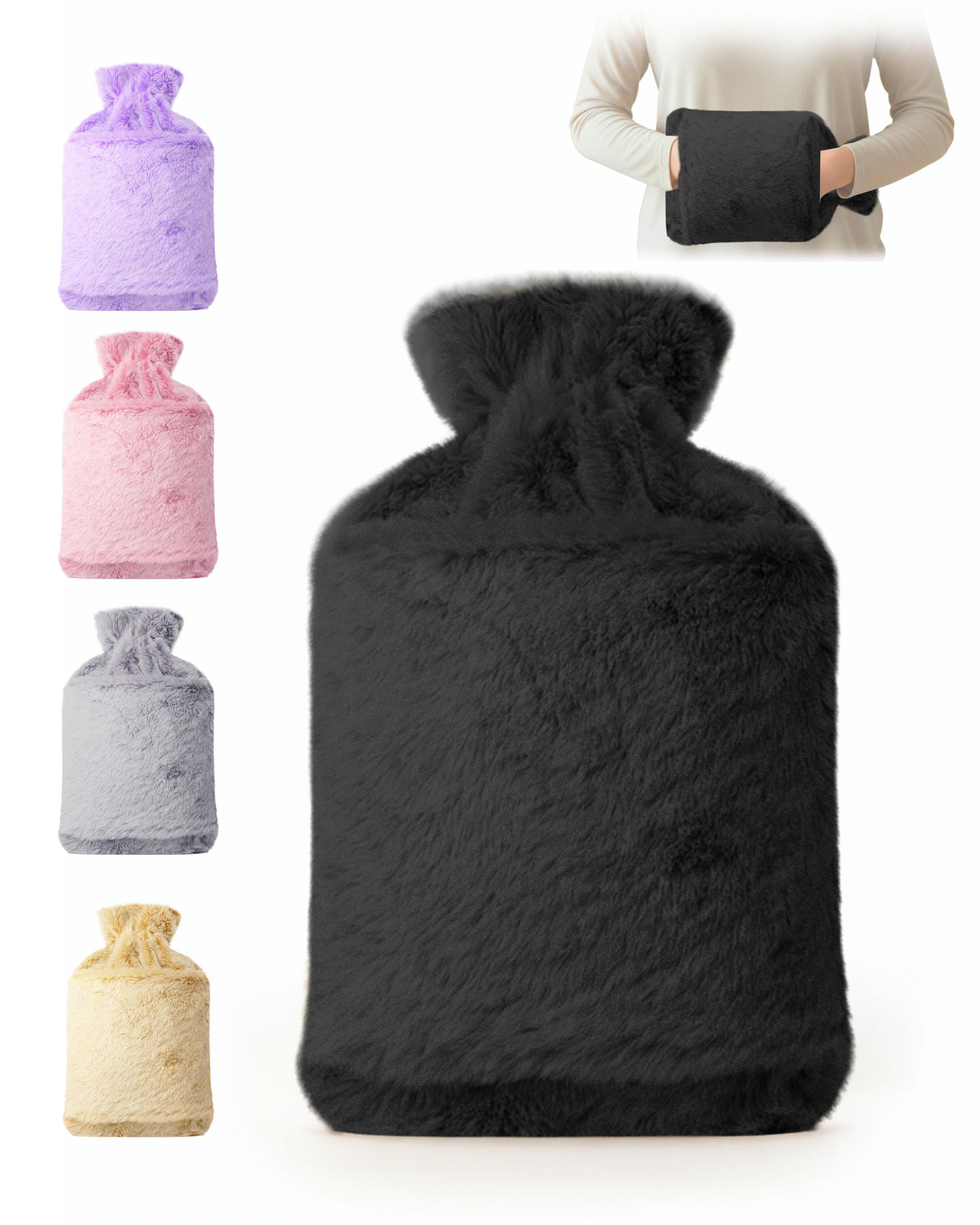 KEPLIN Hot Water Bottle 2L with Soft Faux Fur Cover, Leakproof Natural Rubber, Long Lasting Warmth for Neck, Back & Hands, Fluffy Cosy Design for Men & Women, Winter Comfort - Black