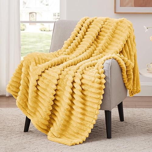 EXQ Home Fleece Throw Blanket for Couch or Bed - 3D Stripe Jacquard Decorative Blankets - Cozy Soft Lightweight Fuzzy Flannel Blanket Suitable for All Seasons(50"×60",Yellow)