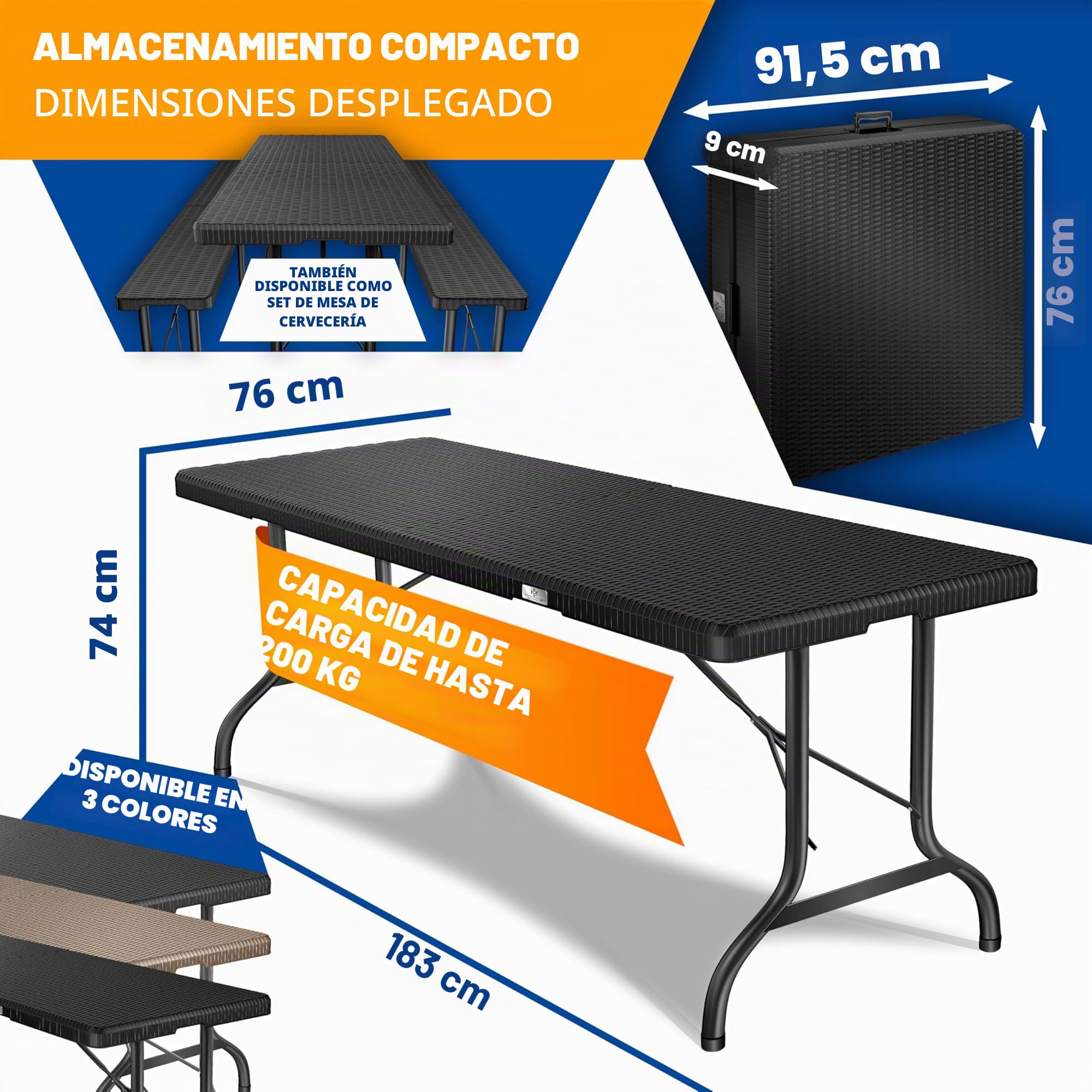 KESSER® Mesa Buffet Plegable de plástico 180 x 75 cm con Aspecto de ratán, Mesa de Fiesta, de jardín para terraza y balcón 6 Personas Incl. asa de Transporte, Antracita