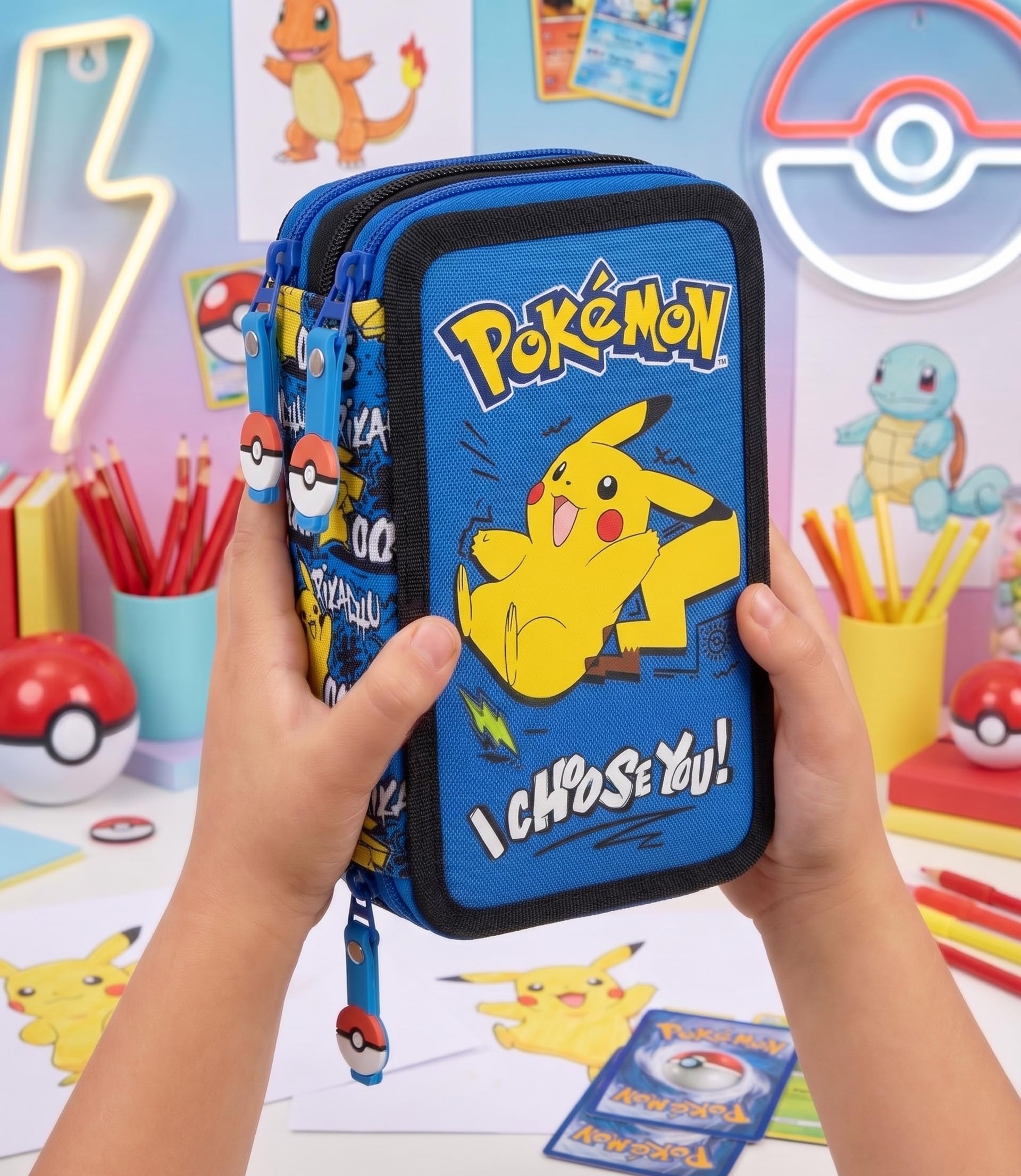 Pack Escolar Niño Primaria - Mochila Ergonómica Gran Capacidad 43x33x20 cm y Estuche 3 Cremalleras Completo (46 Piezas) - Diseño para Pokémon Fan (6-10 Años)