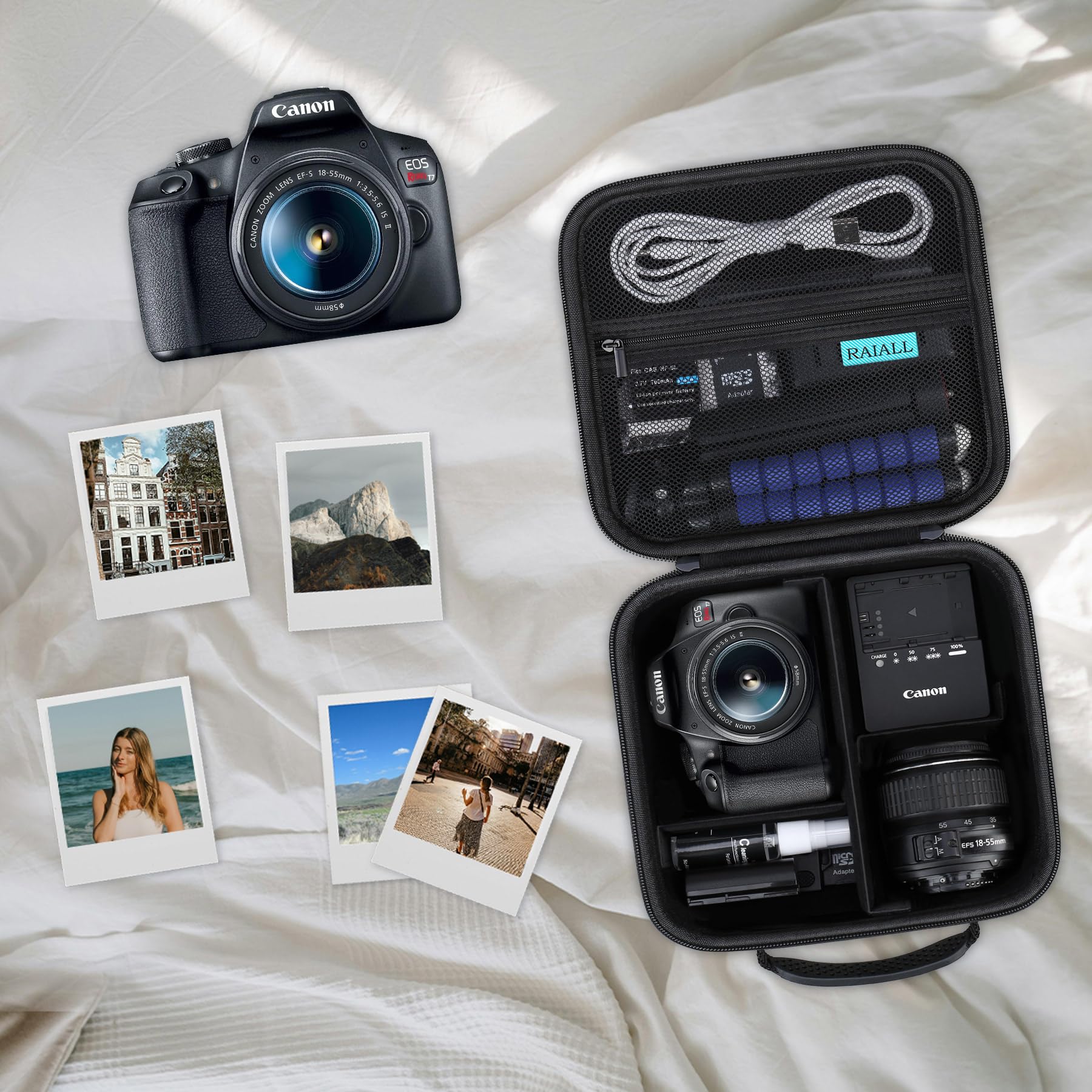RAIALL Custodia per fotocamera Canon EOS 2000D/4000D DSLR/R50/R50V/R100/250D/R10/R6 Mark II/R8/R5/ Sony/Nikon D7500, custodia rigida da trasporto, borsa protettiva da viaggio, Nero