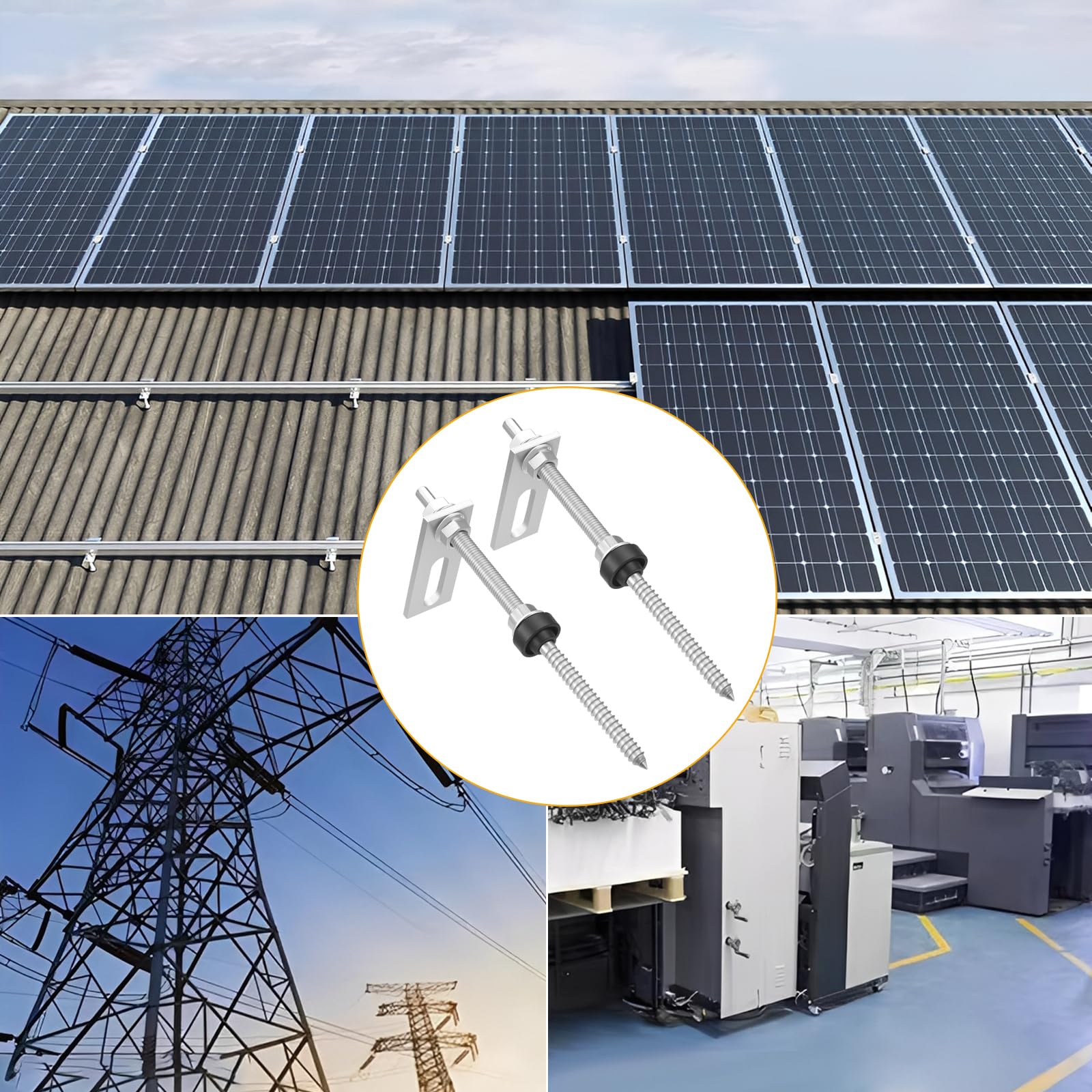 2 Pcs Vis à Double Filetage en Acier Inoxydable M10 x 200 mm, avec Plaque Adaptation M10 x 200 mm, pour Systèmes Photovoltaïques, avec Contre-écrous