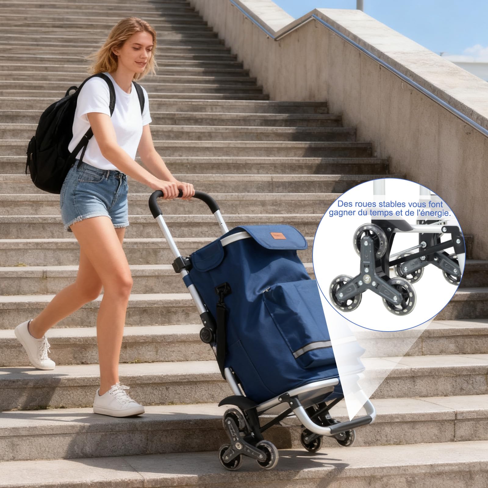 Sekey Chariot de Courses 3 Roues Monte Escalier Pliable 3 en 1, Caddie Isotherme avec Sac Amovible, Diable et Trolley, Grande Capacité, Léger et Solide, Idéal Courses et Seniors – Bleu