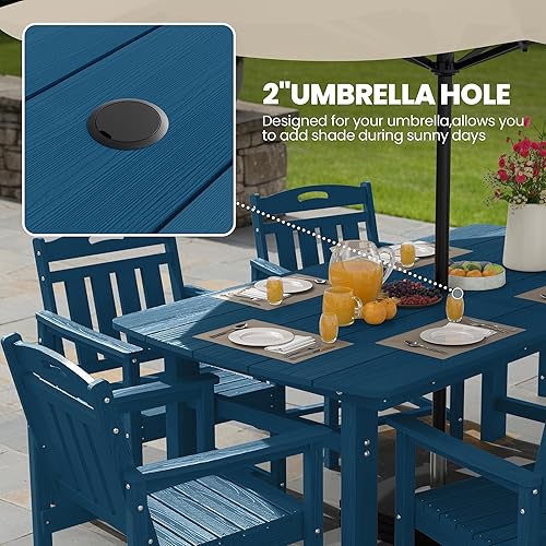 Miniatura 5 de Juego de comedor de exterior de HDPE con mesa y 6 sillas, juego de mesa y sillas de 7 piezas para todo clima, agujero para parasol de 2 pulgadas,
