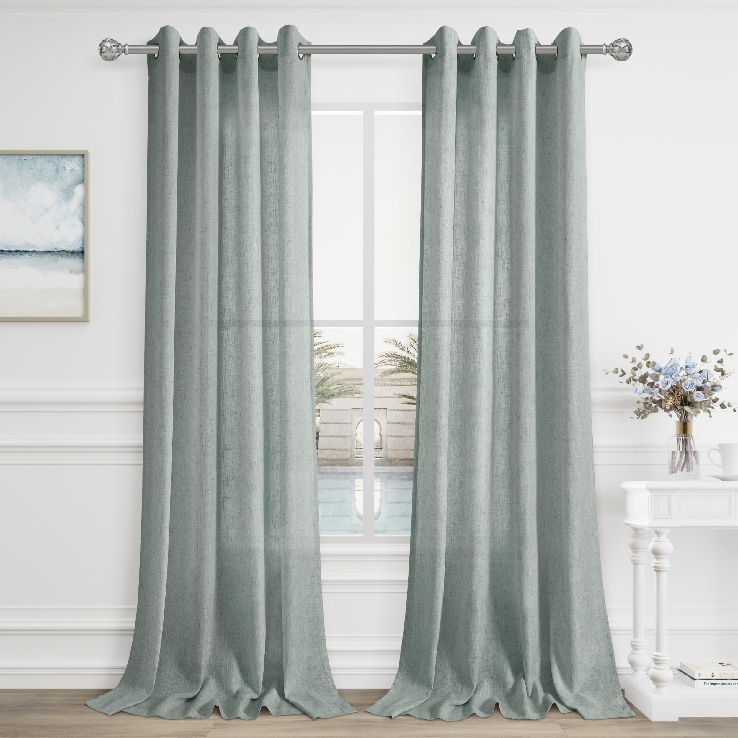 Tende in lino semitrasparente color avorio, 274,3 cm, con occhielli, tende filtranti la luce per soggiorno, set di 2 pannelli per finestre grandi da 2,8 m