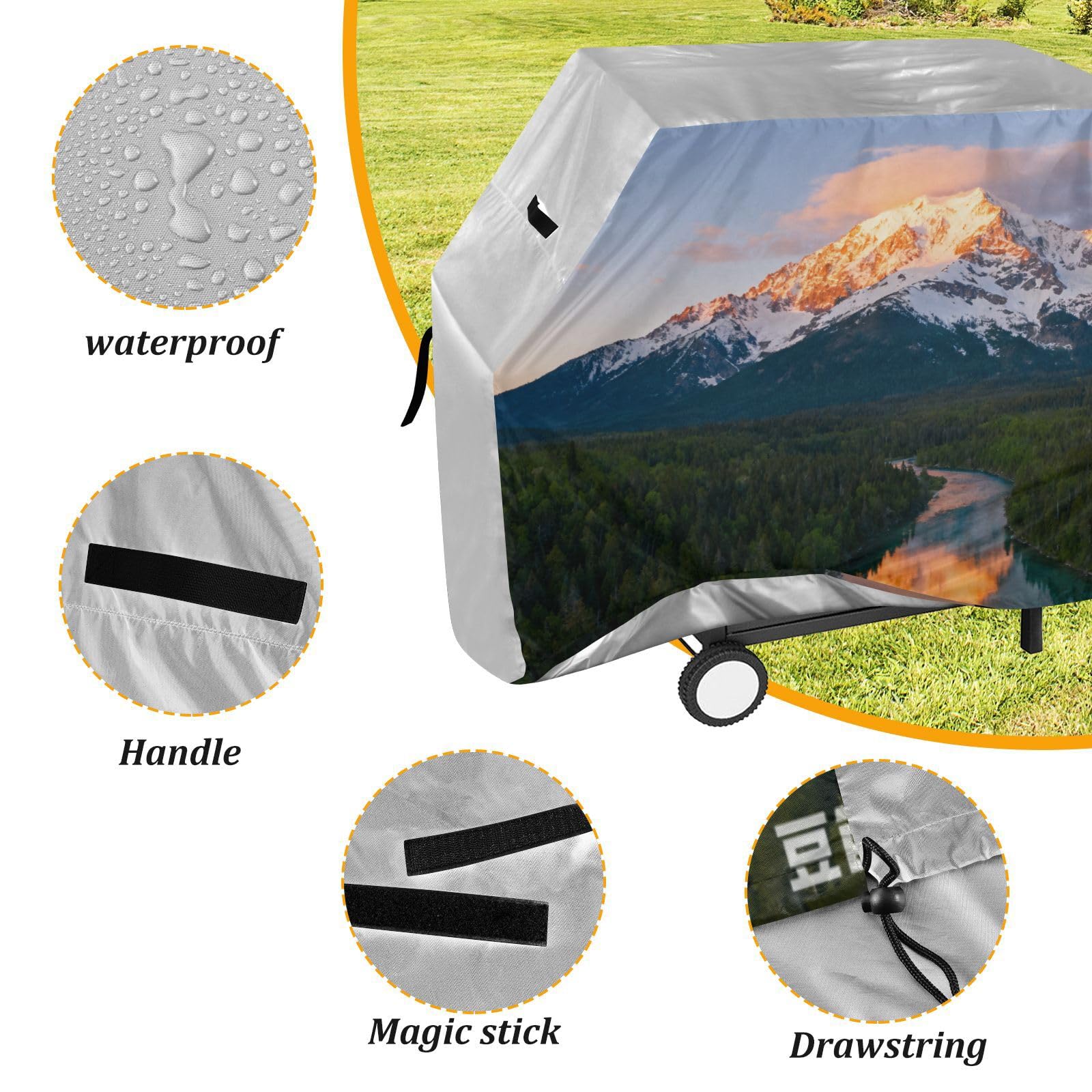 Snow Mountain Green Forests Sceneria BBQ Grill pokrowiec 158 cm wodoodporny wytrzymały odporny na rozdarcie odporny na blaknięcie materiał pokrowiec na grilla z regulowanym sznurkiem dla kurzu i