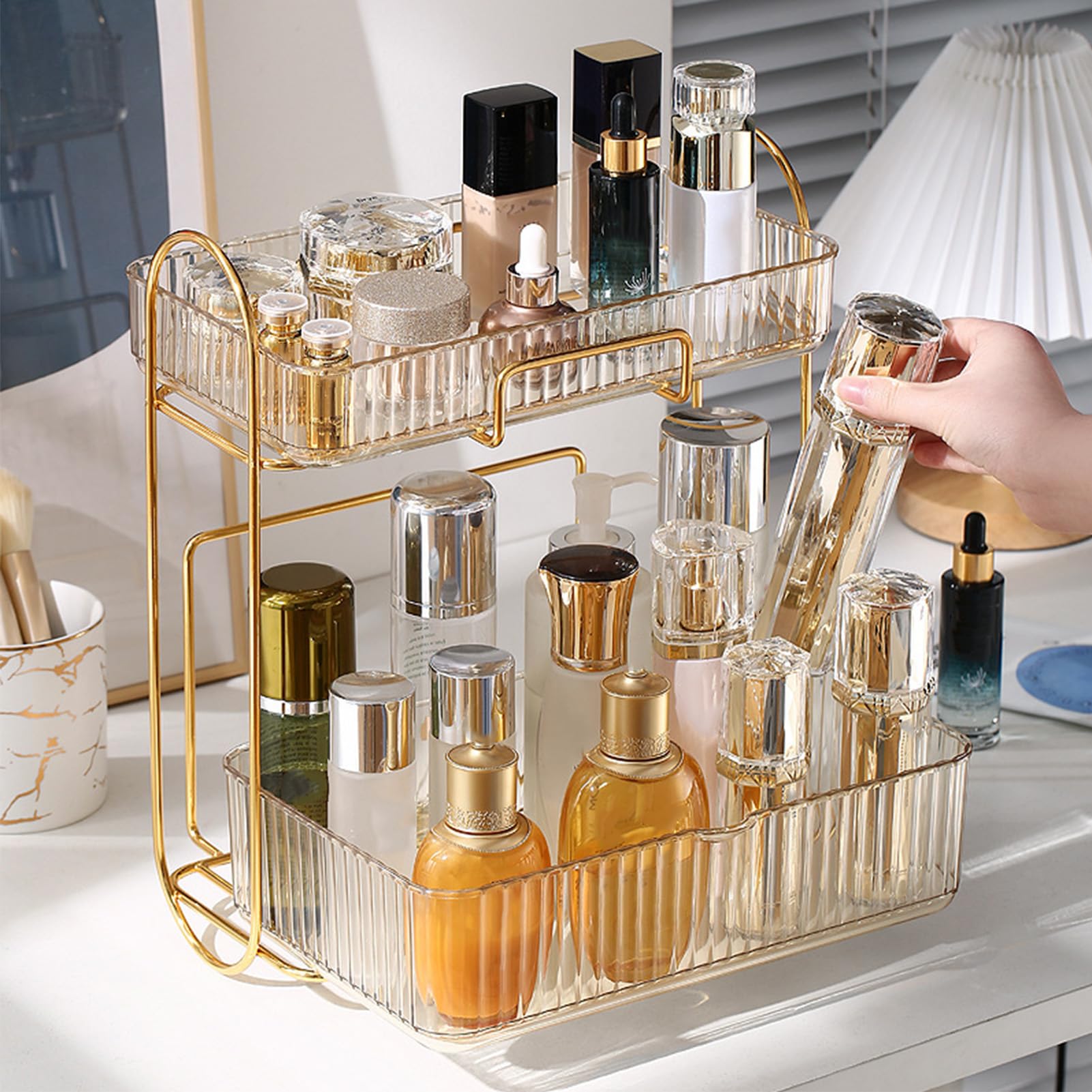 Organizador de encimera de baño de 2 Niveles, Estante de Maquillaje de plástico Gran Capacidad de Gran Capacidad Bandeja de Cuidado (ámbar)