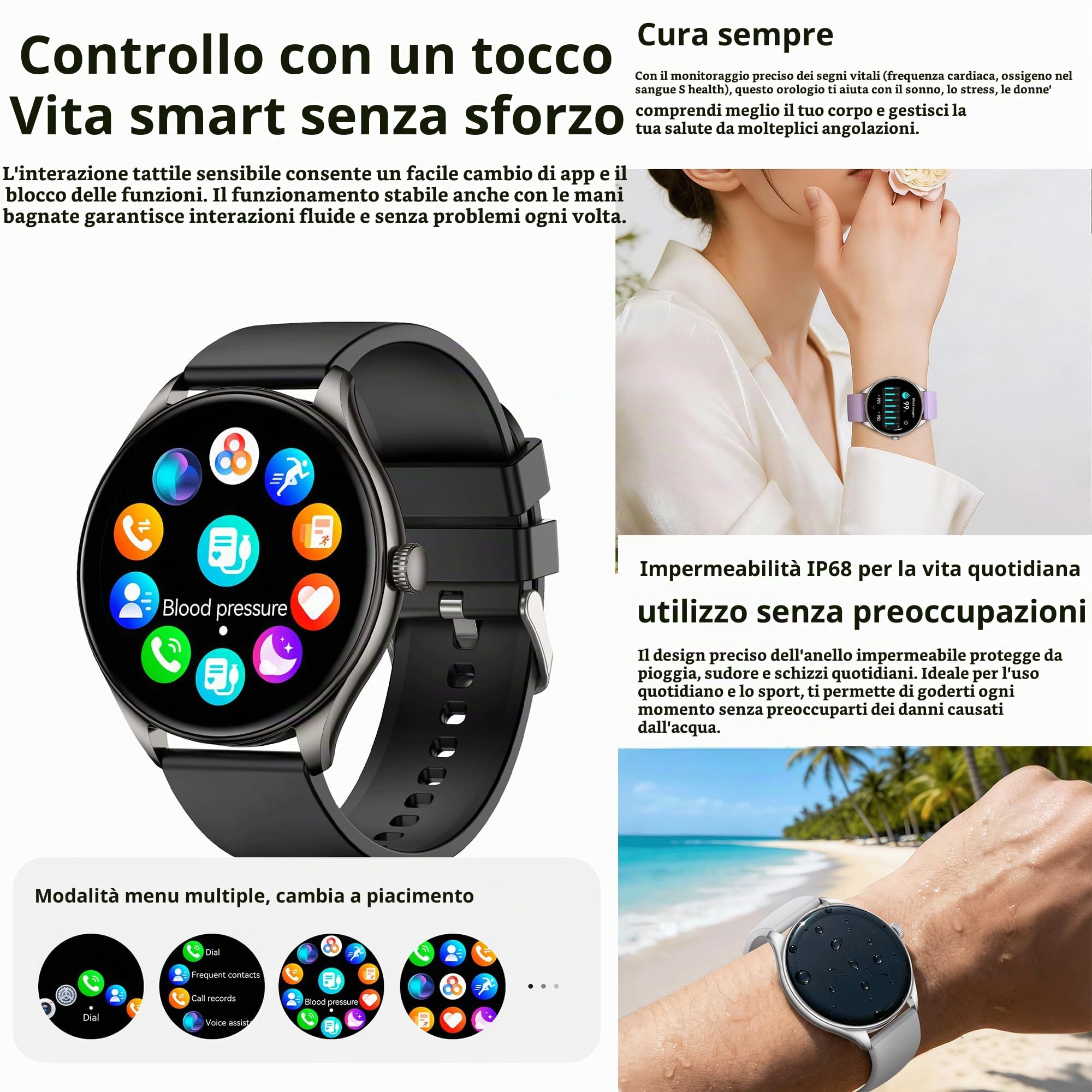 Smartwatch Uomo and Smartwatch Donna Chiamata Bluetooth e Risposta Vivavoce, 100+ Modalità Sport Notifiche Messaggi Orologio Fitness Tracker per Android iOS (Nero)