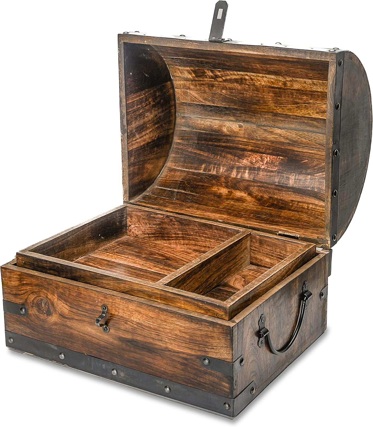 Happenings Treasure Chest Box with Removable Tray, Wooden Treasure Box for Storage, Keepsakes & Jewelry, Vintage Pirate Chest Decor, Solid Hardwood Decorative Storage (Large - 14x10x10 inches)
