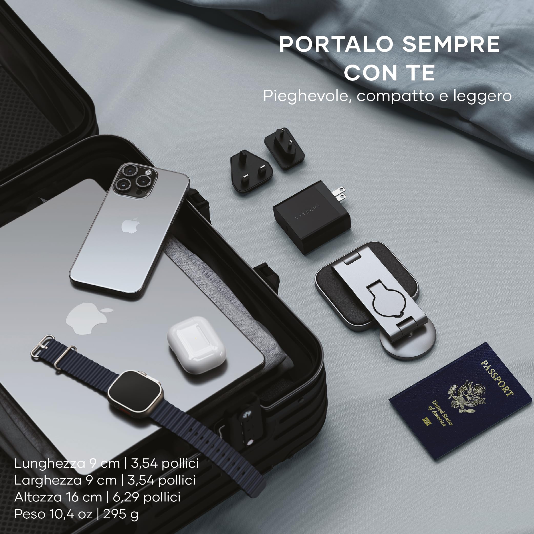 SATECHI 3 in 1 Qi2 Caricatore Wireless Pieghevole 15W | Supporto pieghevole da viaggio, compatibile con iPhone 17-12, Apple Watch e AirPods con ricarica wireless