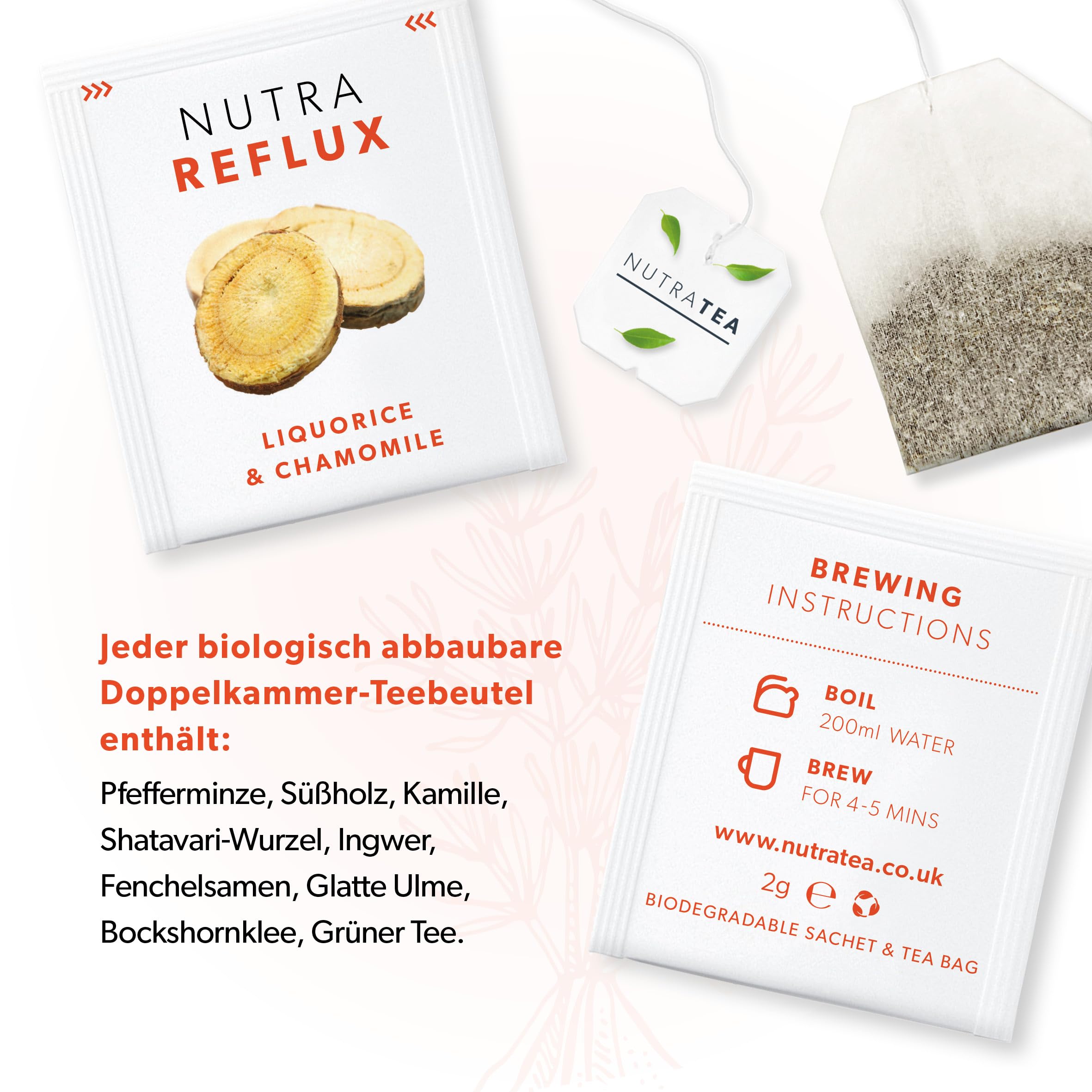 Nutra Tea NUTRAREFLUX, Magendarmtee hilft bei Magen-Darm Beschwerden, Darm Tee kann das Gefühl von Unbehagen reduzieren, 120 wiederverwendbare Teebeutel, Kräutertee bei Verdauungsbeschwerden