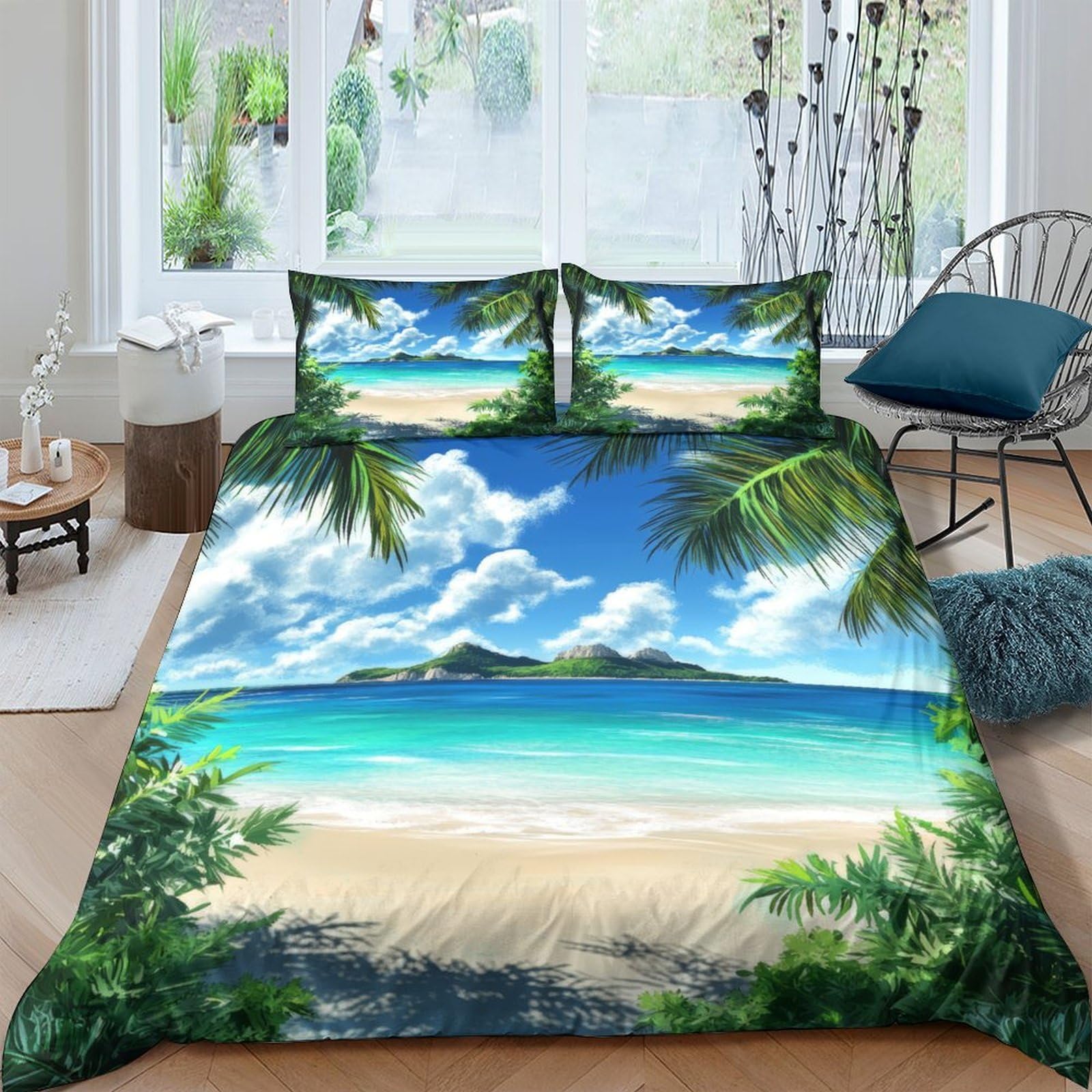 Ctjqhvkz Style-4 3D Printed Tropical Beach Fitted Sheet Microfiber Soft Breathable Ocean Island Mattress Cover For Bedroom Guest Room Decor Single（135X200cm）