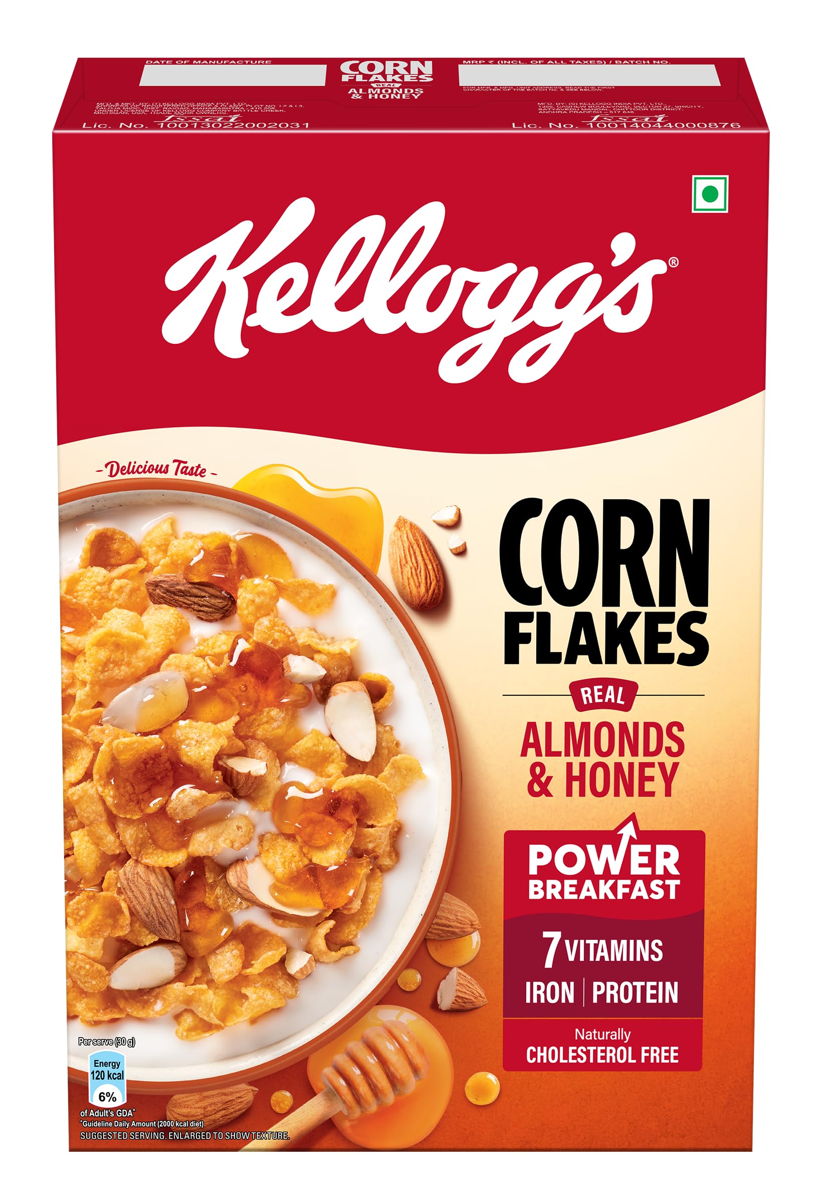 Kellogg's Corn Flakes Real Almond Honey 300g| High in Iron, Vitamin B1, B2, B3, B6 & C | Naturally Cholesterol Free | Corn Flakes, Breakfast Cereal