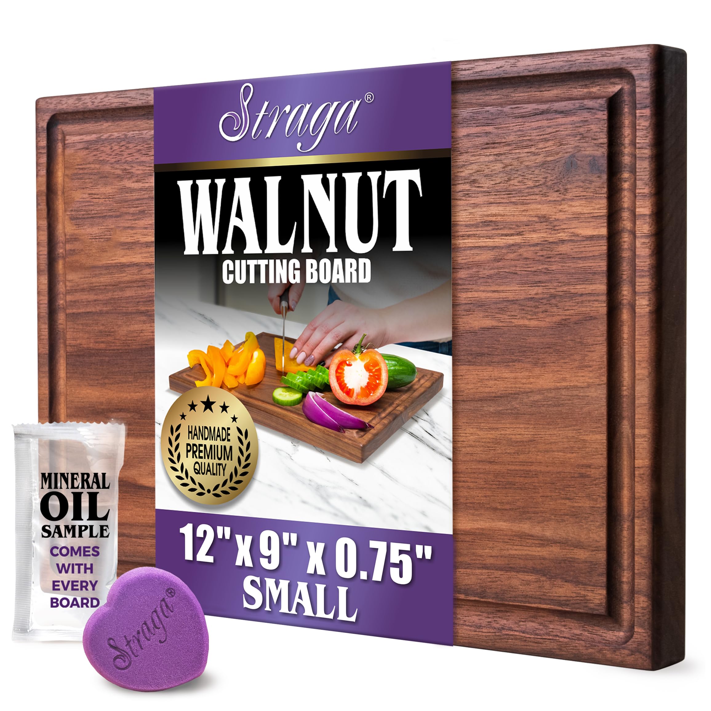 Straga Premium Walnut Hardwood Chopping Board, 12" x 9" x 0.75", Sustainable Kitchen Essential, Deep Juice Groove, Dual-Function Design, Free Mineral Oil Sample and "Our Heart" Applicator- Easy Care